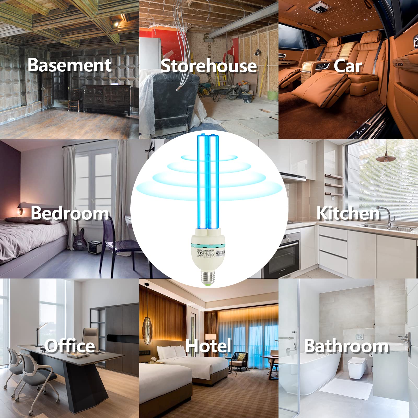 COOSPIDER UV Light Bulb, 36W UVC Germicidal Lamp for Odor and Mold Removal, E26 110V, White, 1 Count