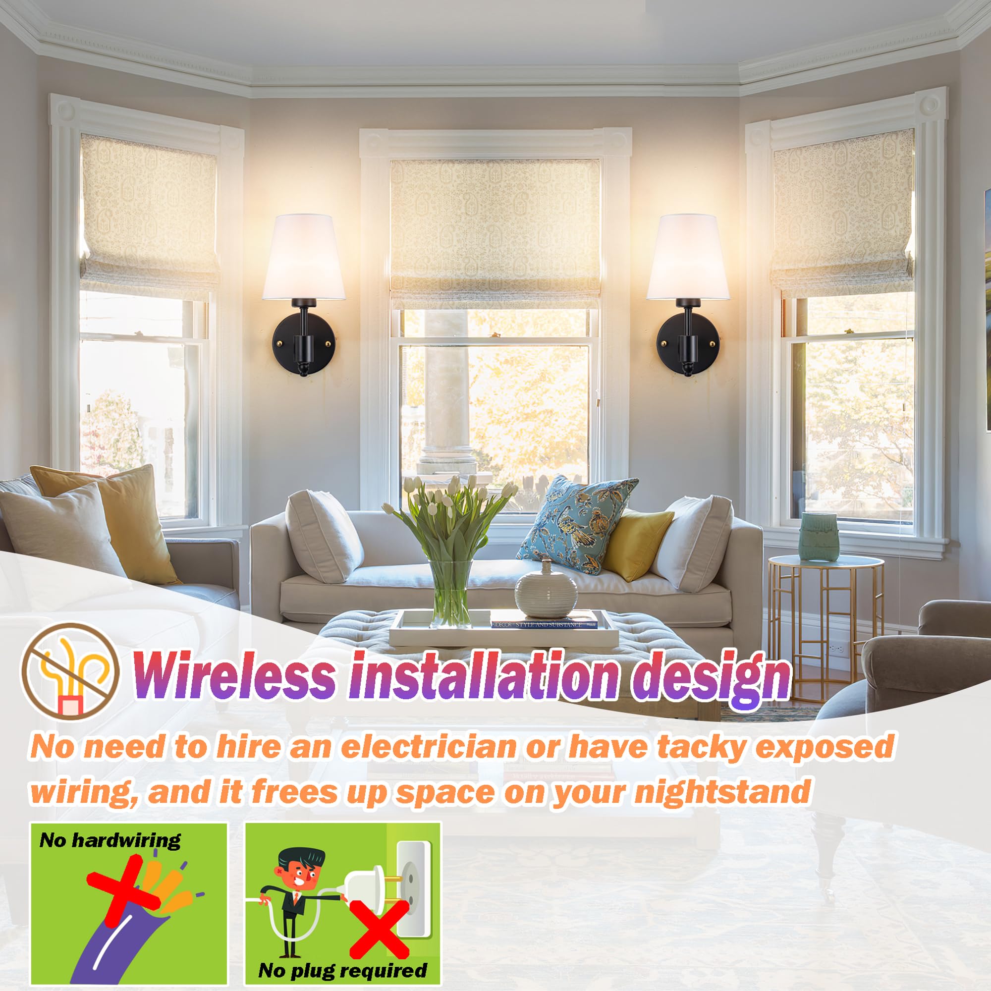 Nekhung Battery Operated Wall Sconces, Wireless RGB Rechargeable Bulb, Remote Control, One Size, Black