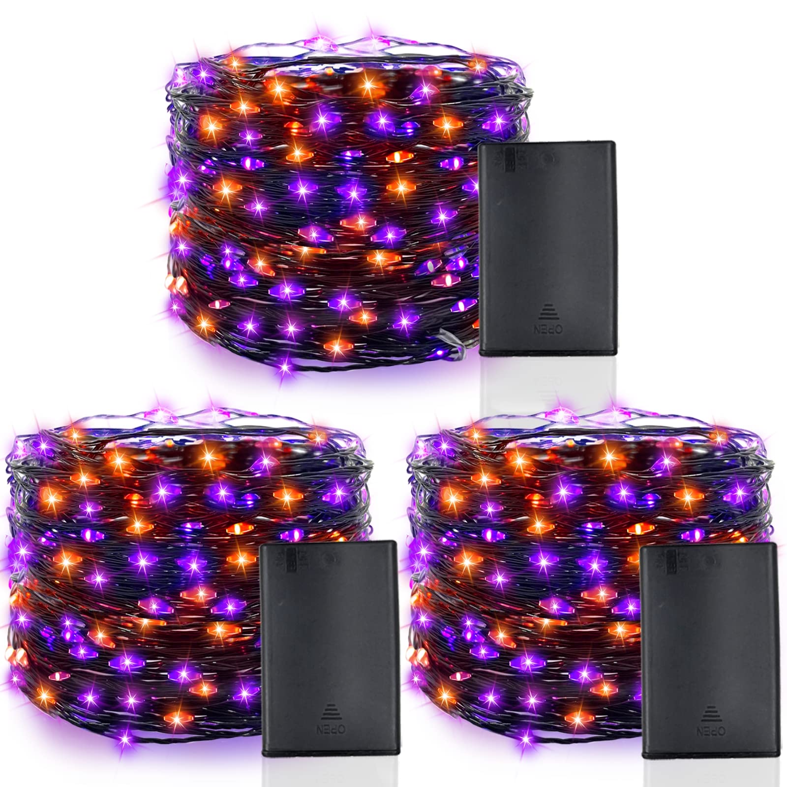 [3Pack&Timer] Halloween Lights Decorations, Total 150LED/50Ft Black Wired String Fairy Orange Purple Lights Battery Operated Halloween Decor Indoor Outdoor Garden Yard Party, 50LED/16.4Ft Each