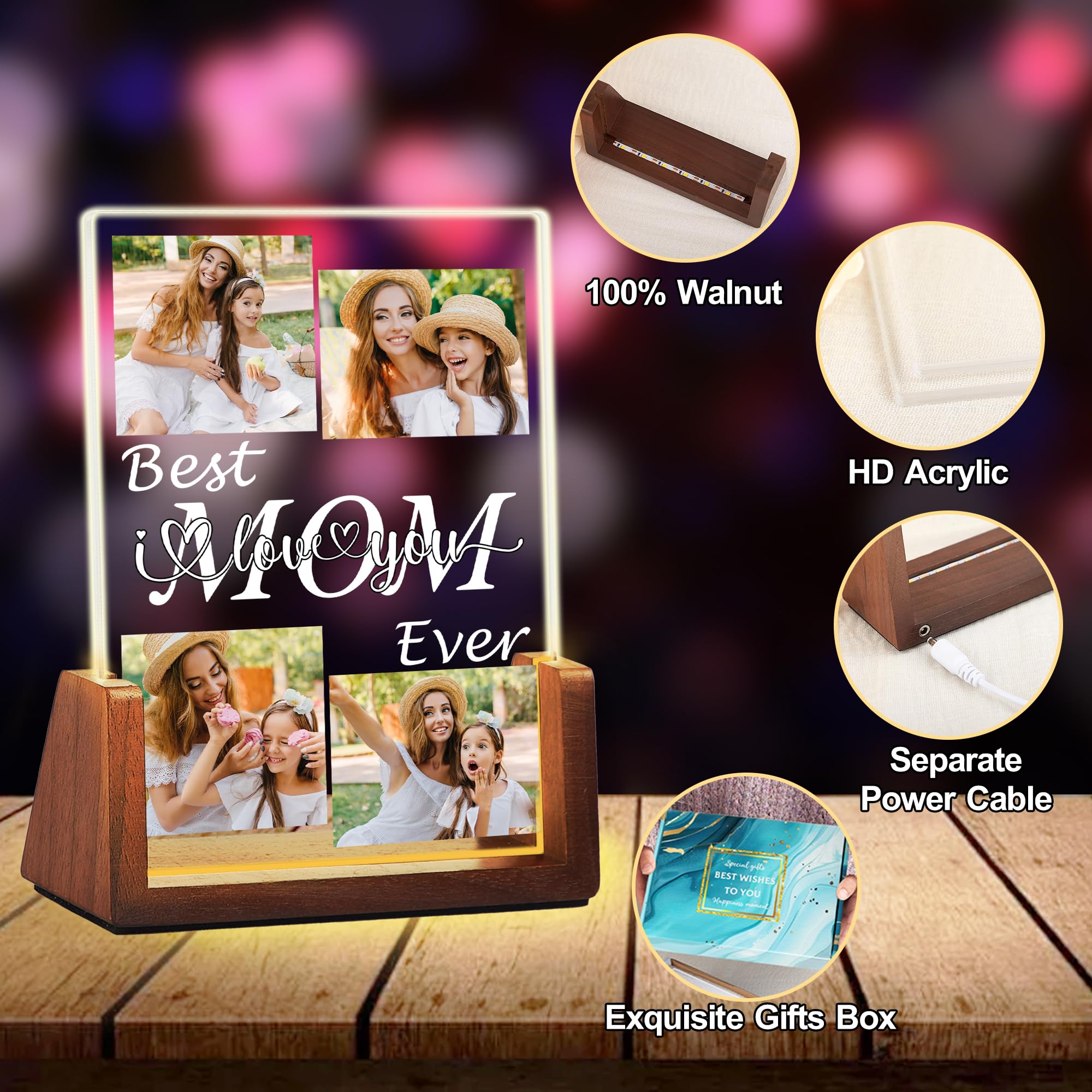Maiwell Personalized Mothers Day Birthday Gifts For Mom Wife  Custom Best Mom Ever Gifts From Daughter Son Husband  Acrylic Night Light Picture Frame With Photo Name Christmas Gift For Mama Women