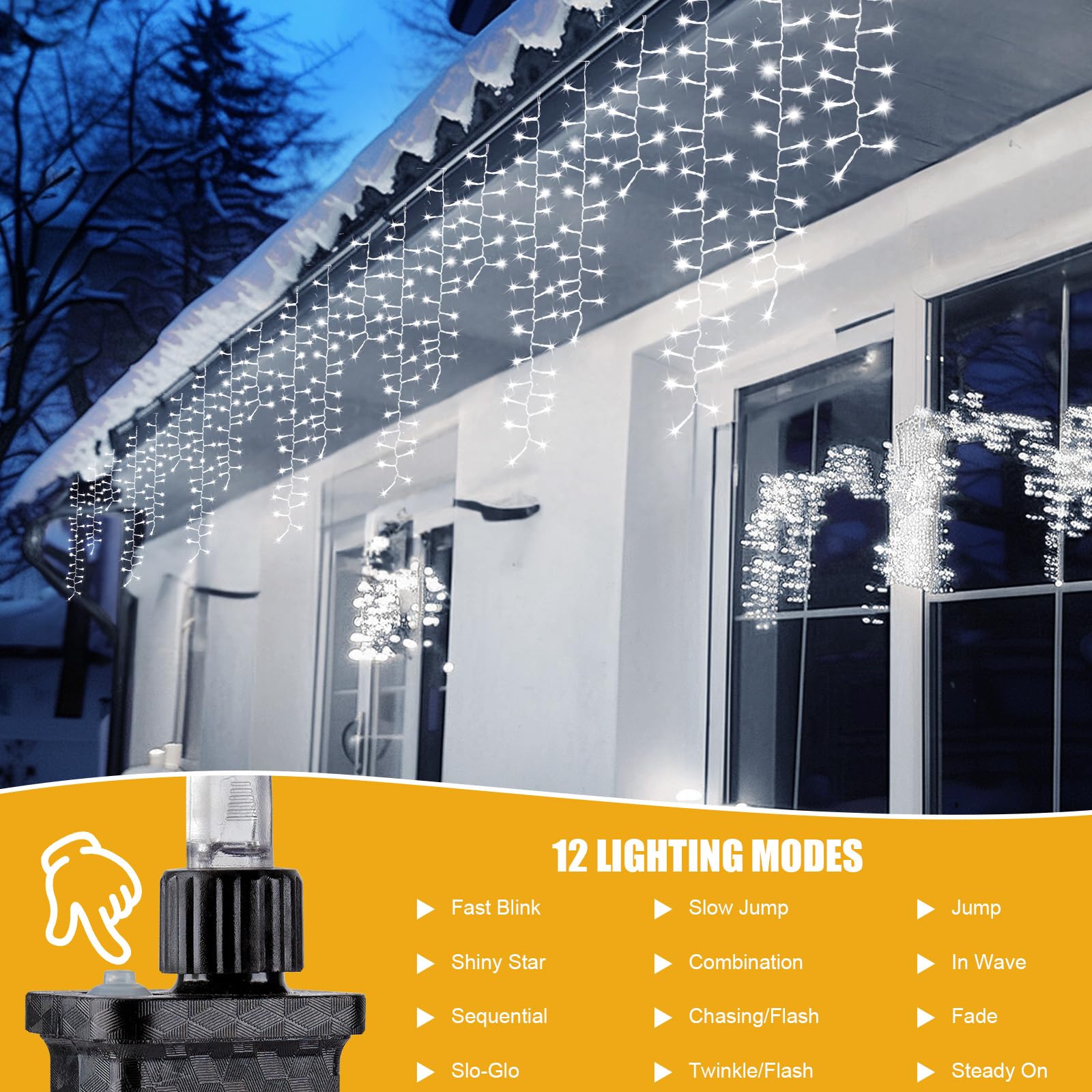 Brightown 33Ft 1020 Led Icicle Christmas Lights, Outdoor/Indoor, White, 12 Modes, Waterproof, Timer, 6W