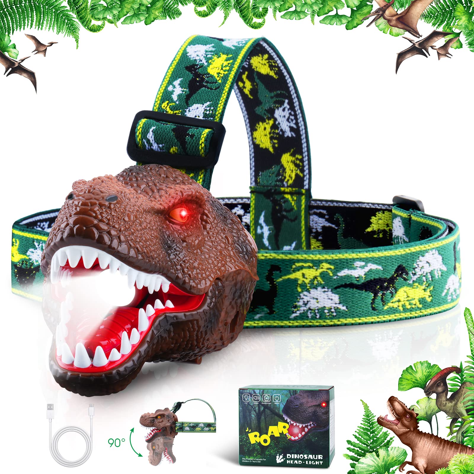 Dysaim Kids Headlamp, Dinosaur Led Rechargeable Headlamp For Kids Flashlight Outdoor Camping Essentials Gear, Dinosaur Toys Head