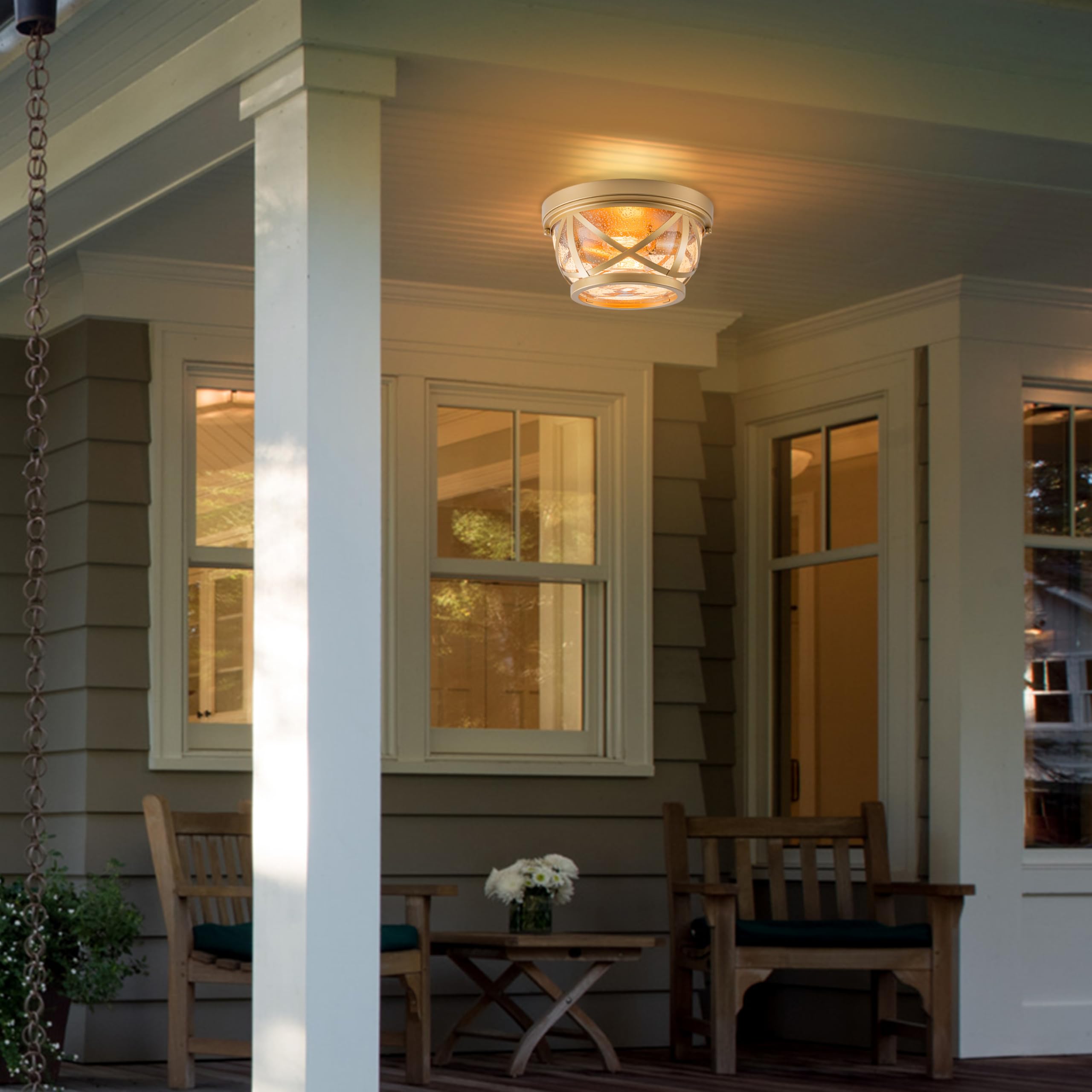 Flush Mount Ceiling Light Fixture Gold, 2-Light Modern Farmhouse Porch Light Ceiling Mount For Outdoor, Indoor Flush Mount Light Fixture For Hallway Foyer Kitchen Bathroom With Seeded Glass