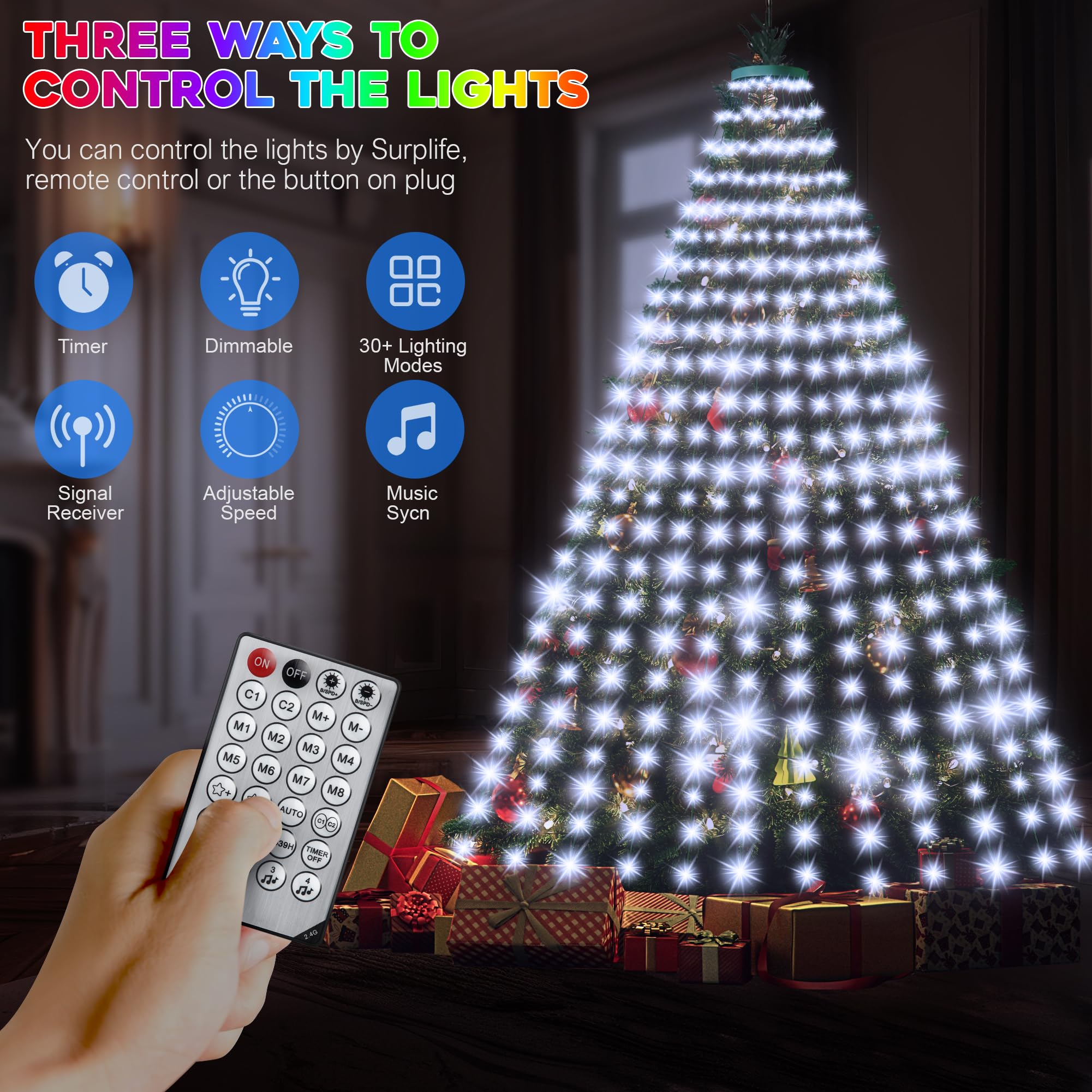 30+ Modes Ring Christmas Tree Lights Indoor Outdoor - 7.5Ft X 12 Lines 336 Led Easy App Control Color Changing Timer Remote Waterproof For 6 7 Ft Xmas Trees (Cool White To Multicolor)