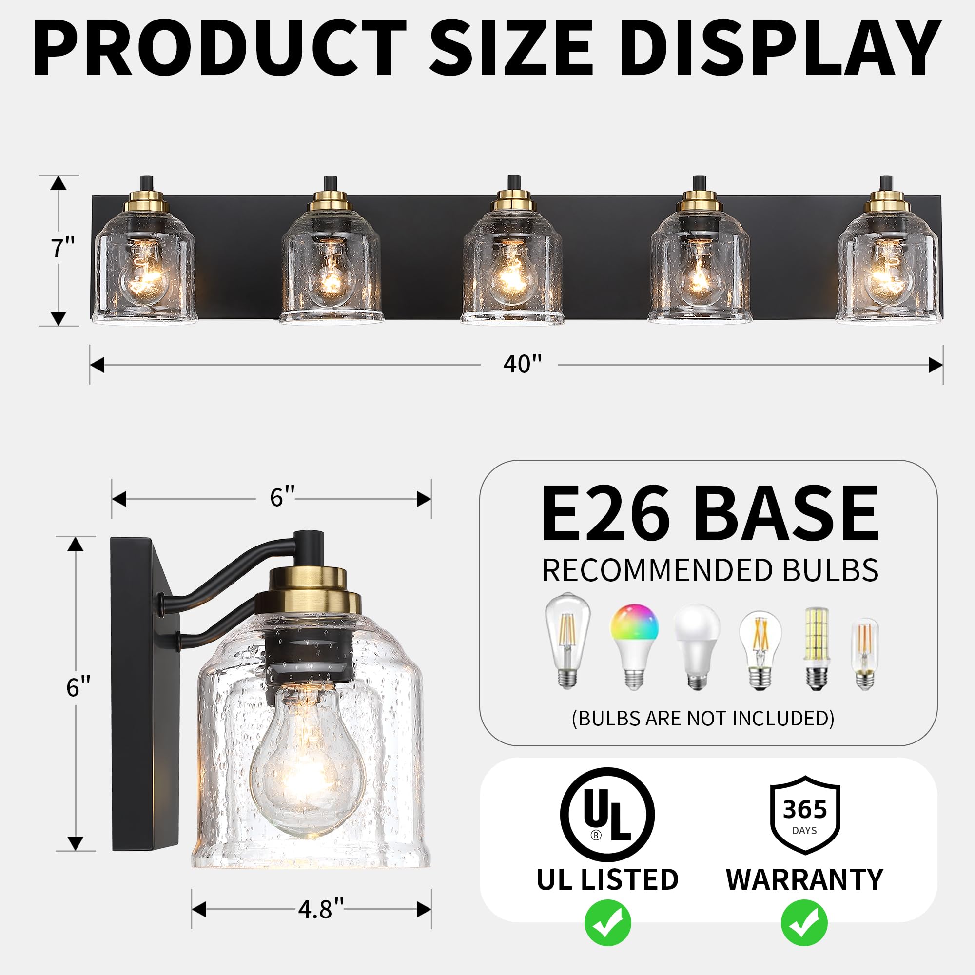 YKLITG 5-Light Bathroom Vanity Light, Metal Black & Gold with Bubble Glass Shades, Model BD005 S