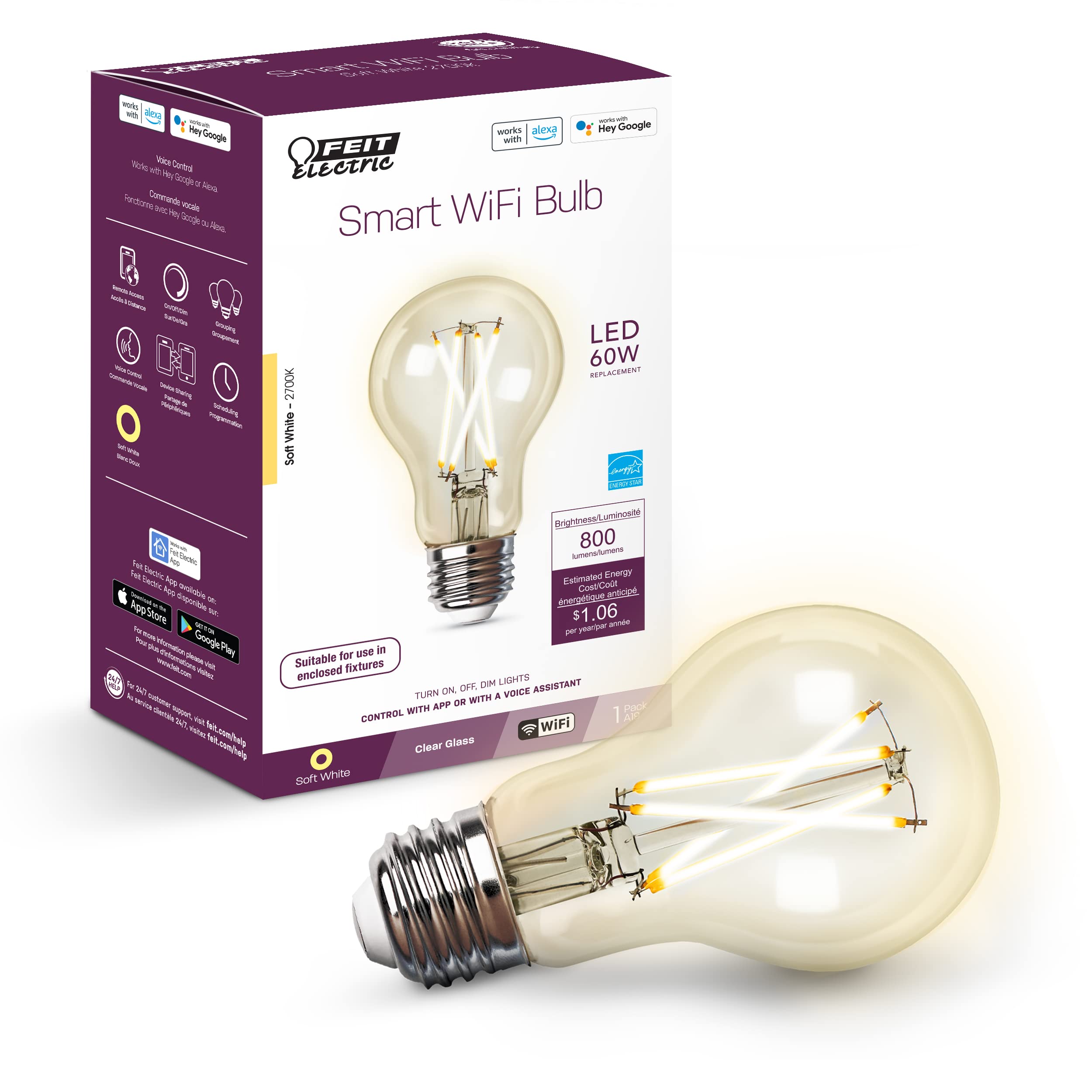 Feit Electric A19 LED Smart Light Bulb, WiFi Dimmable, 60W Equivalent, 2700K Soft White, Model A1960CL/927CA/FIL/AG