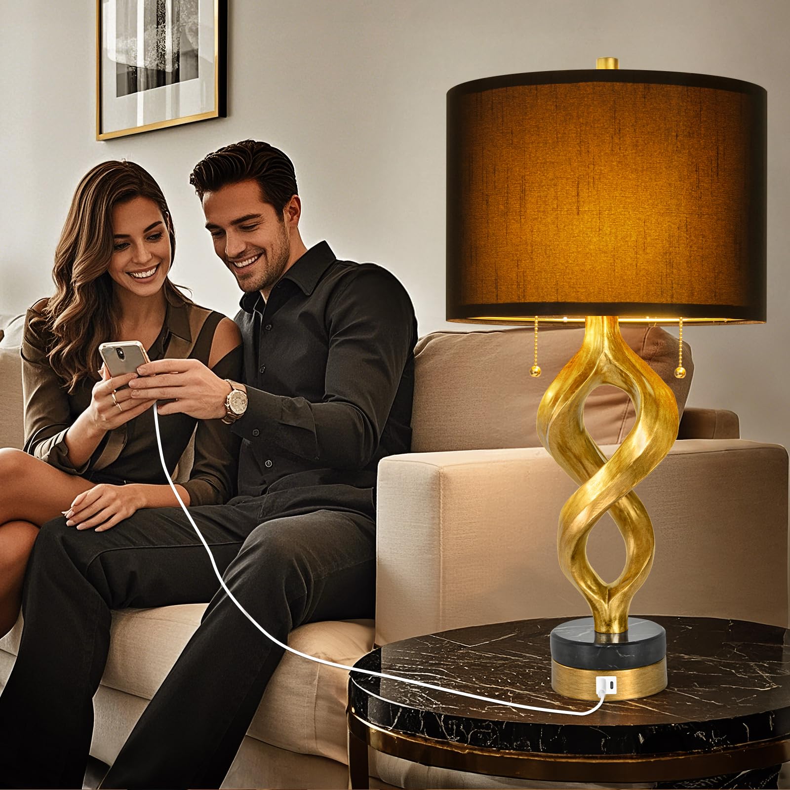 Sculptural Table Lamp Set Of 2 For Bedroom, 26    Gold Leaf Farmhouse Bedside Lamps For Living Room, Pull Chains Switch Rustic N