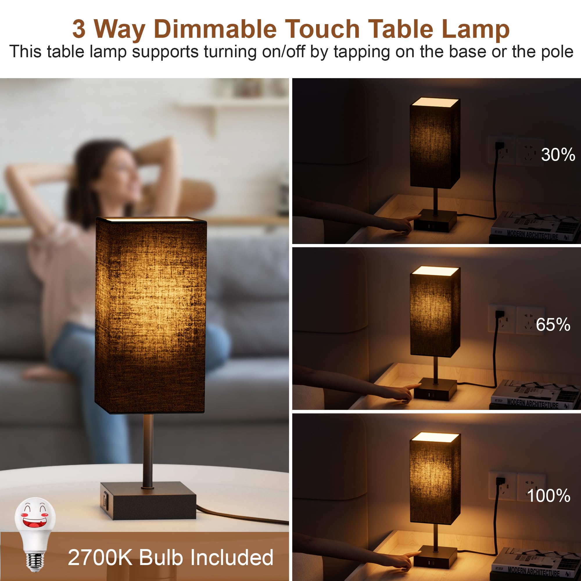 Sailstar Touch Bedside Lamps Set of 2 with USB C+A Ports, 3-Way Dimmable, LED Bulbs Included, Black, Compact Design