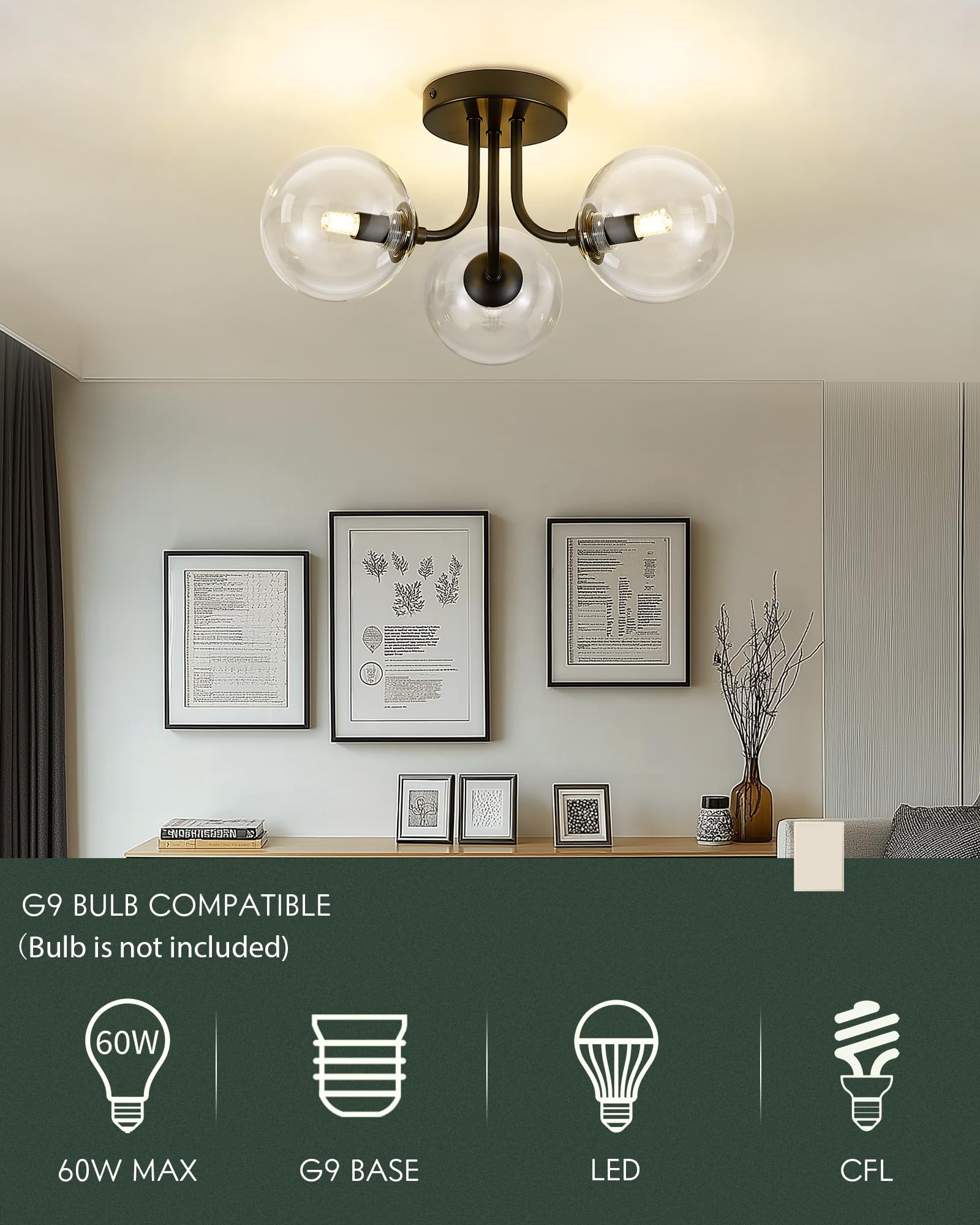 Cargifak 3-Light Flush Mount Ceiling Light, Black & Clear Glass, Modern Farmhouse Design, Model CKCL4845-3W-CLBK