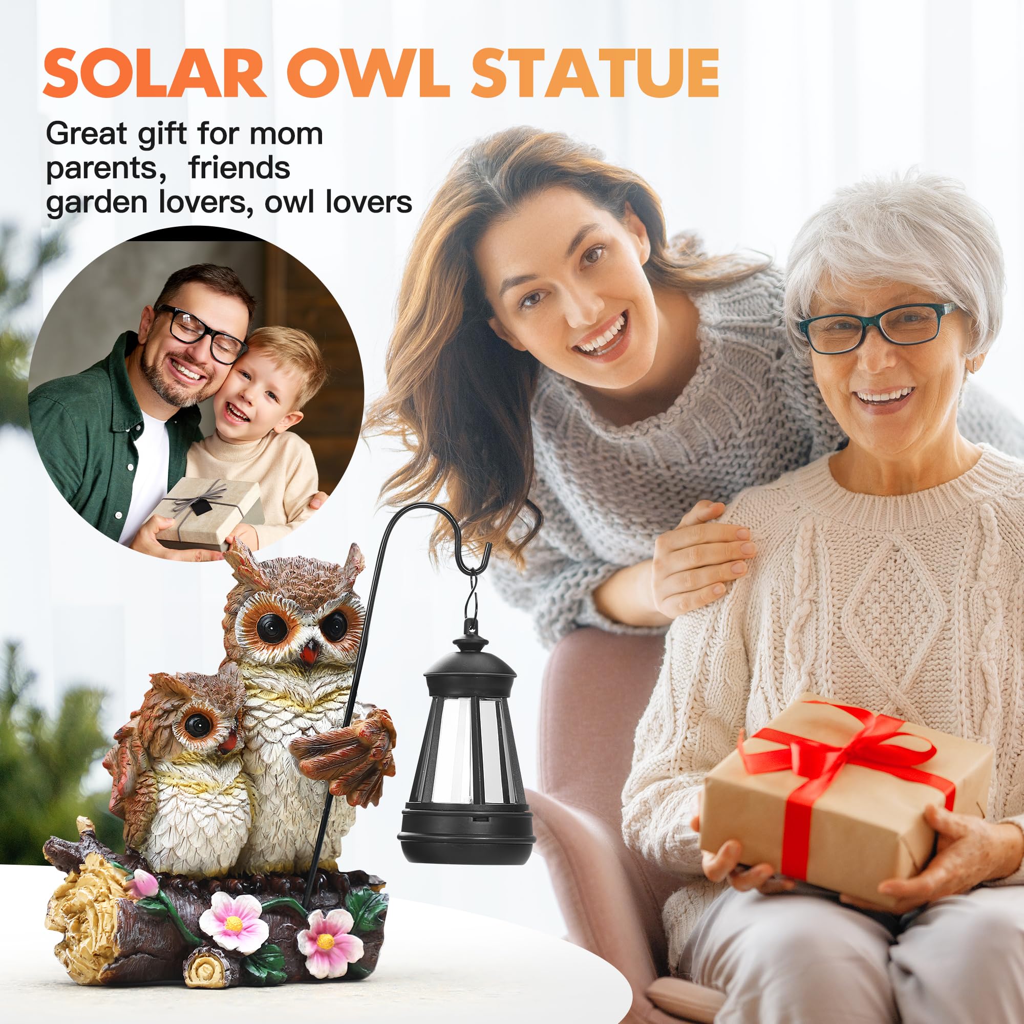 Json Garden Owls Statue - Solar LED Lantern, Small Resin Figurine, OWL Color, Model JS-002, Perfect for Mother's Day Outdoor Decor