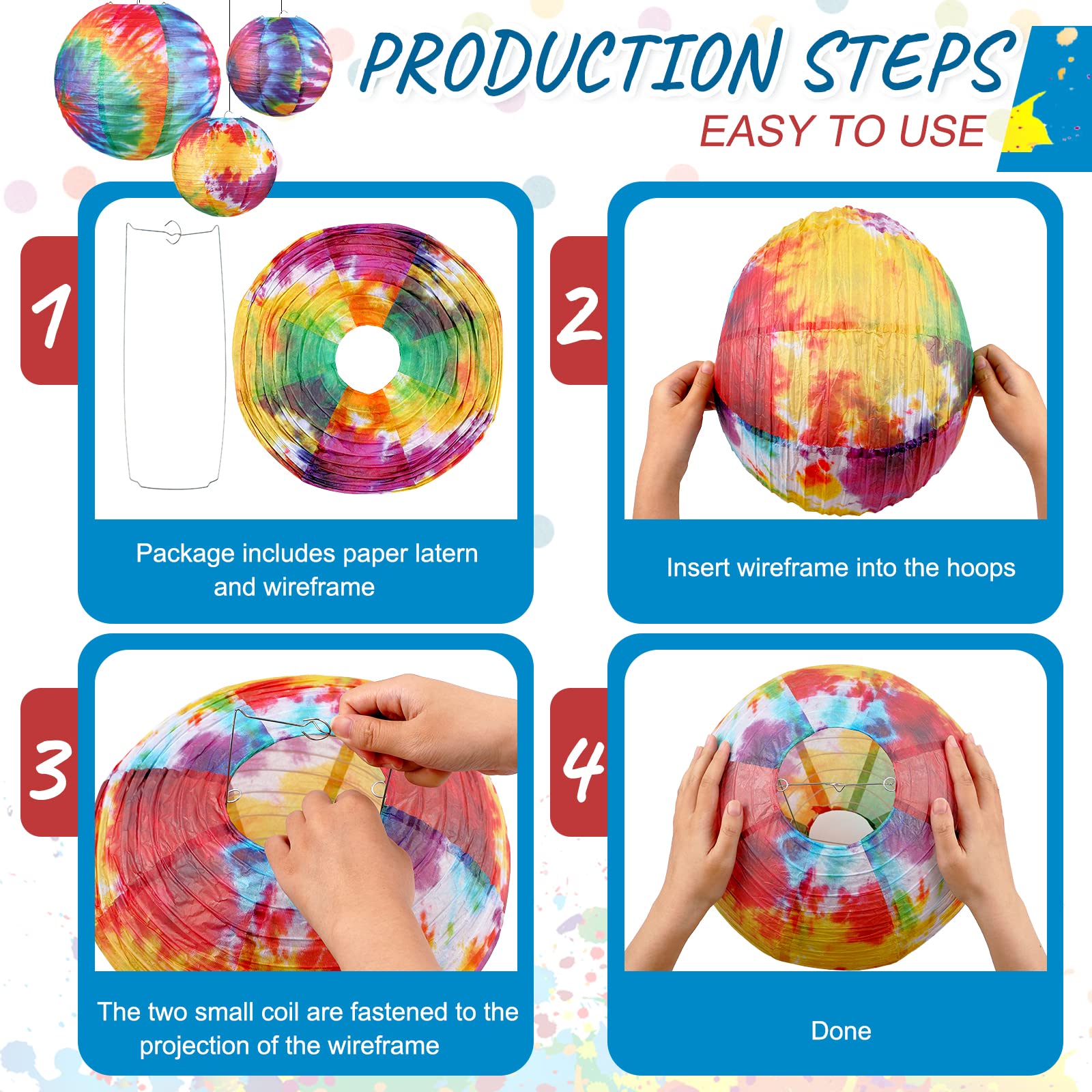 10 Pcs Tie Dyed Groovy Paper Lanterns Chinese/Japanese Lanterns Groovy Party Decorations Tie Dye Party Supplies Classroom Hangin