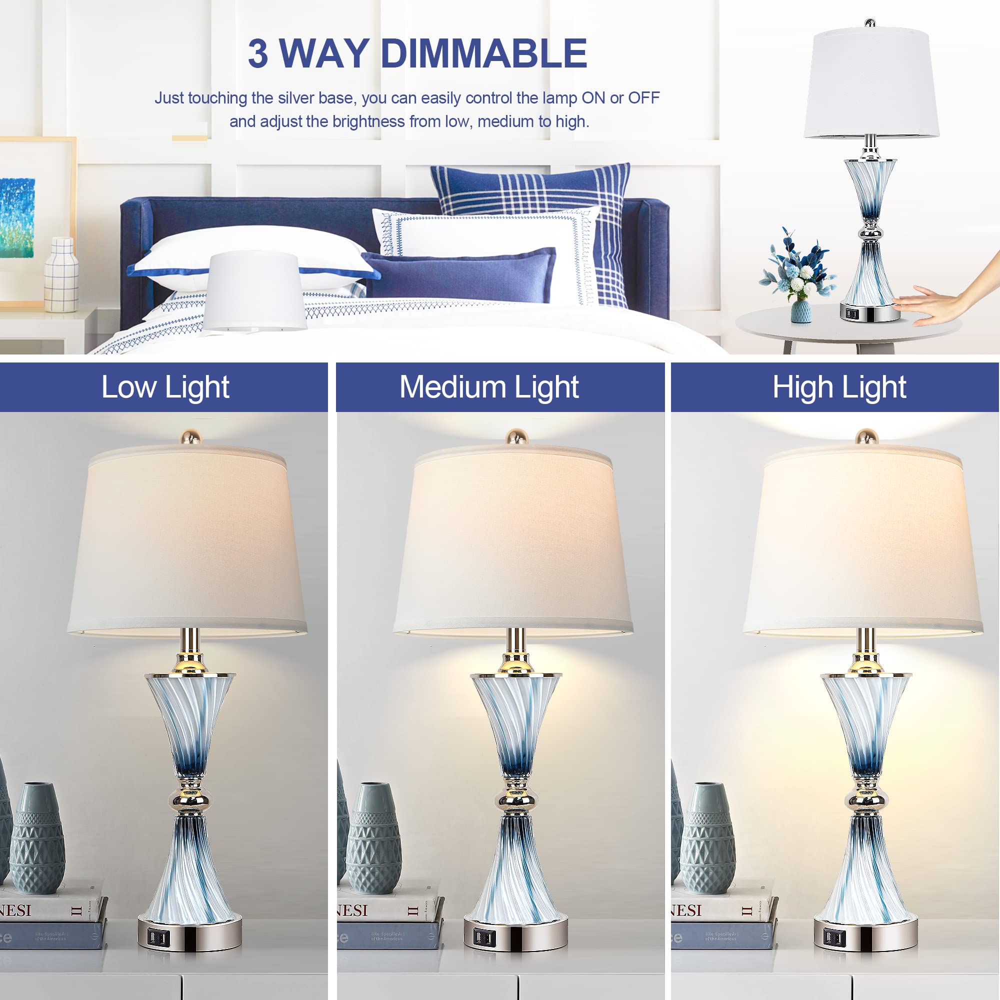 Set Of 2 Blue Glass Table Lamps For Bedrooms With 2 Usb Ports 3-Way Dimmable Touch Coastal Bedside Lamps For Contemporary Style
