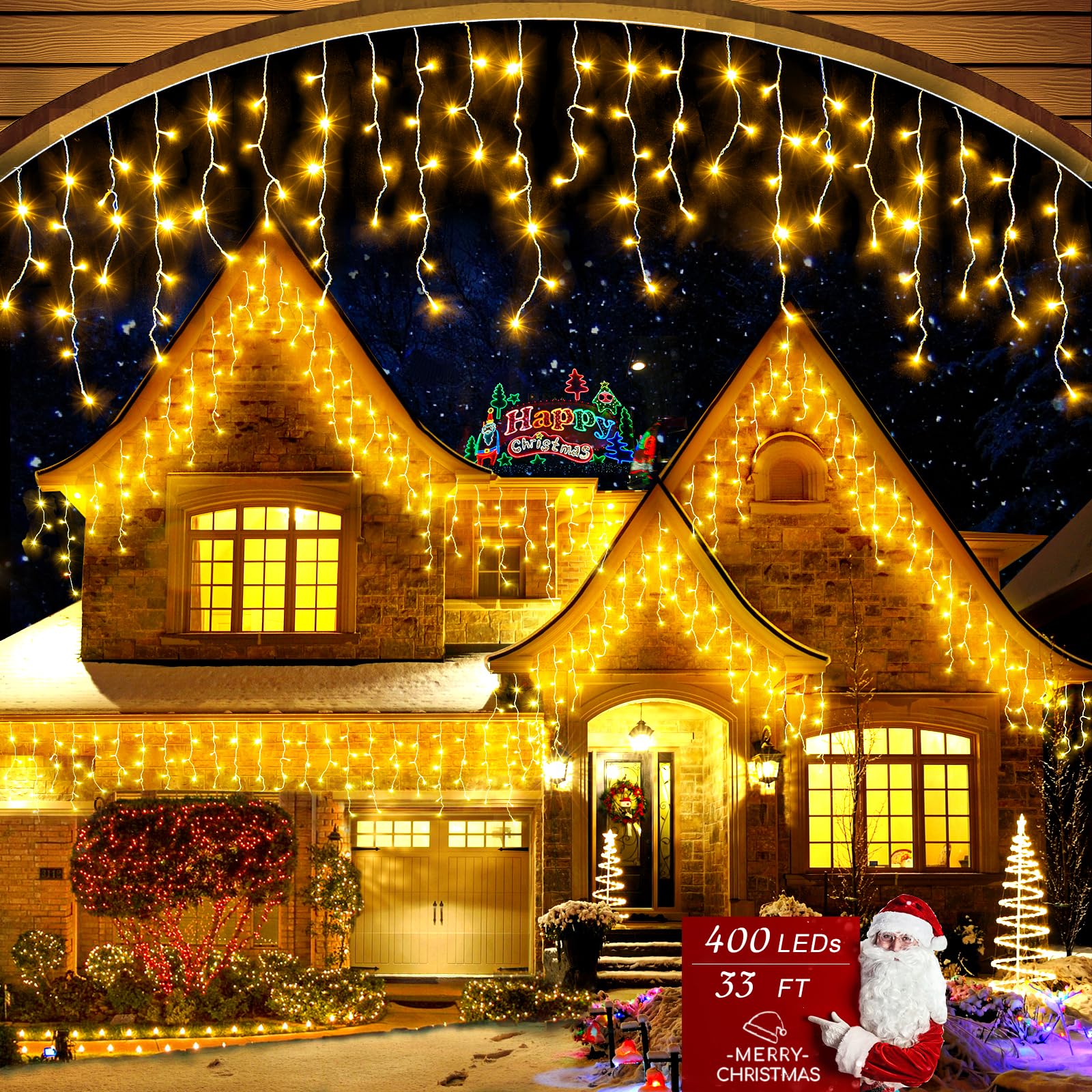 Vivideal Icicle Christmas Lights, 33ft 400 LED, Warm White, Plug-in, 8 Modes Timer, Waterproof for Holiday Decor