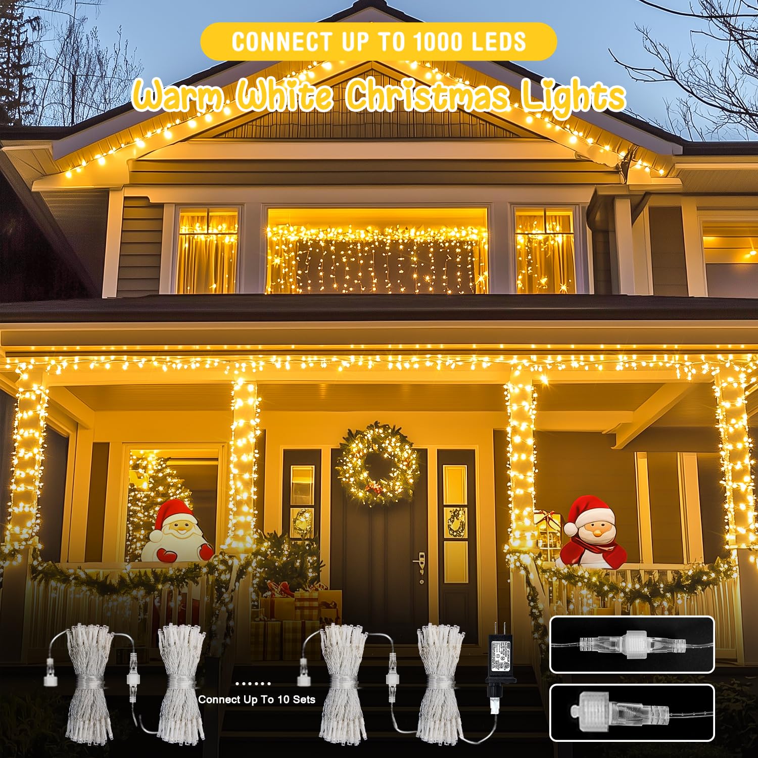 JMEXSUSS 100 LED Warm White String Lights, 33ft Indoor/Outdoor, Connectable, 8 Modes, Model EXS-S-0100