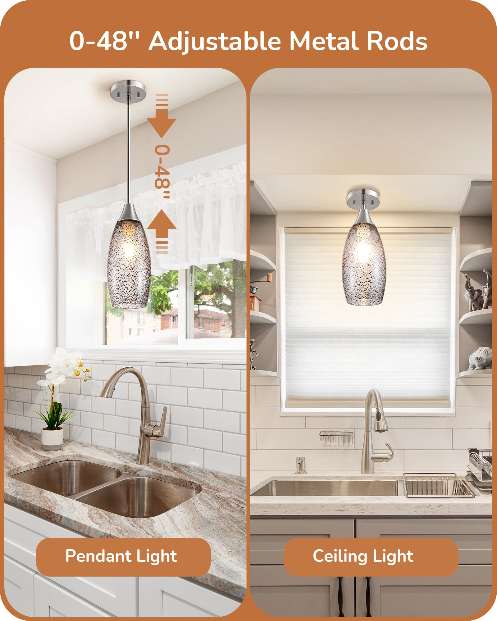 Edishine Pendant Light Fixture, Handcrafted Art Glass Hanging Light, Hardwired Ceiling Light With Grey Seed Glass Shade, Adjusta