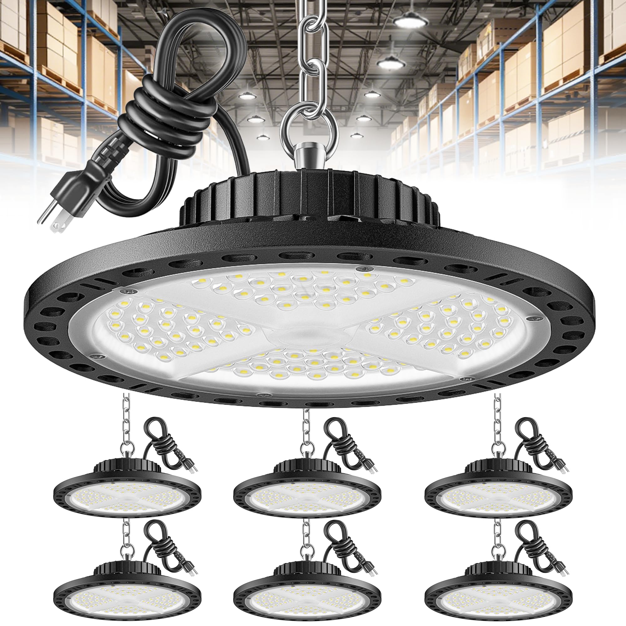 ISKYDRAW UFO LED High Bay Light 100W, 6 Pack Shop Lights for Warehouse with Plug, 15000LM 6500K Daylight IP65 Waterproof Commerc