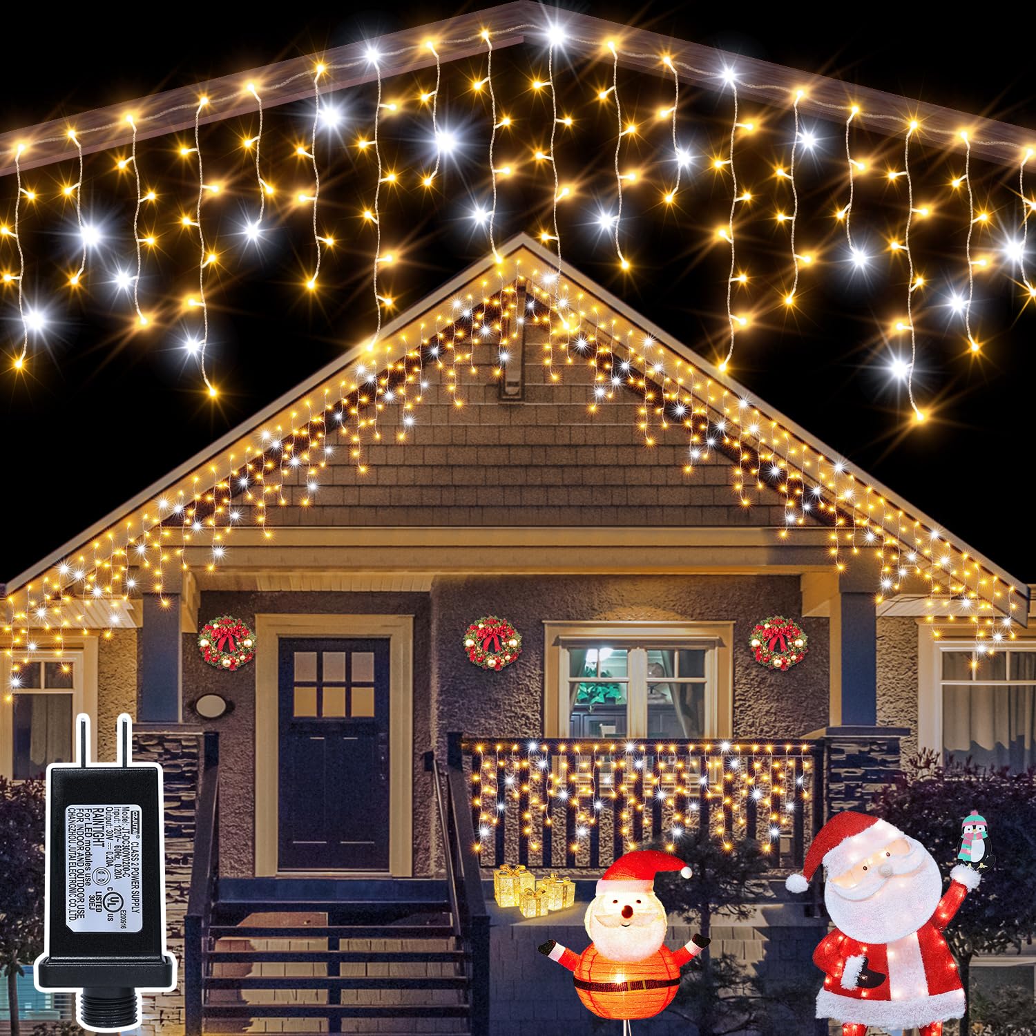 Ollny Icicle Lights for Outside 486LED 40FT, Warm White with Twinkling Cool White Christmas Light, Plug in Connectable Waterproo