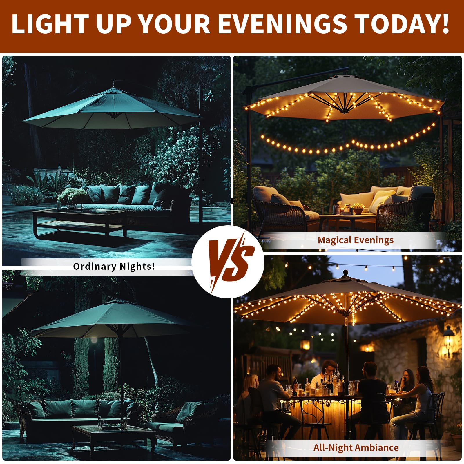 Patio Umbrella Lights 120 LED Cordless Lights for Outdoor Umbrella with Remote Control Battery Operated Parasol Ambient Lighting