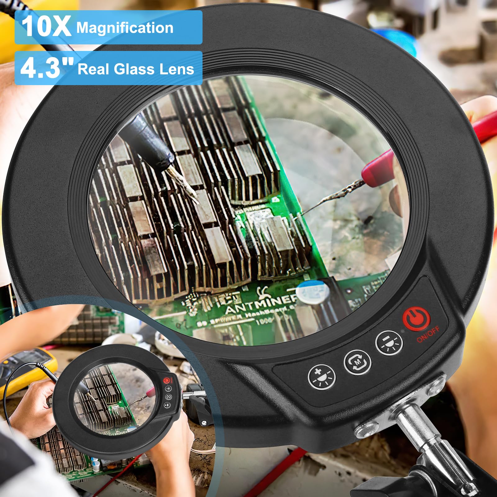 Coyeth 10X Magnifying Glass With Light And Stand, 5 Color Modes Stepless Dimmable 2-In-1 Lighted Magnifier With Clamp, Led Desk