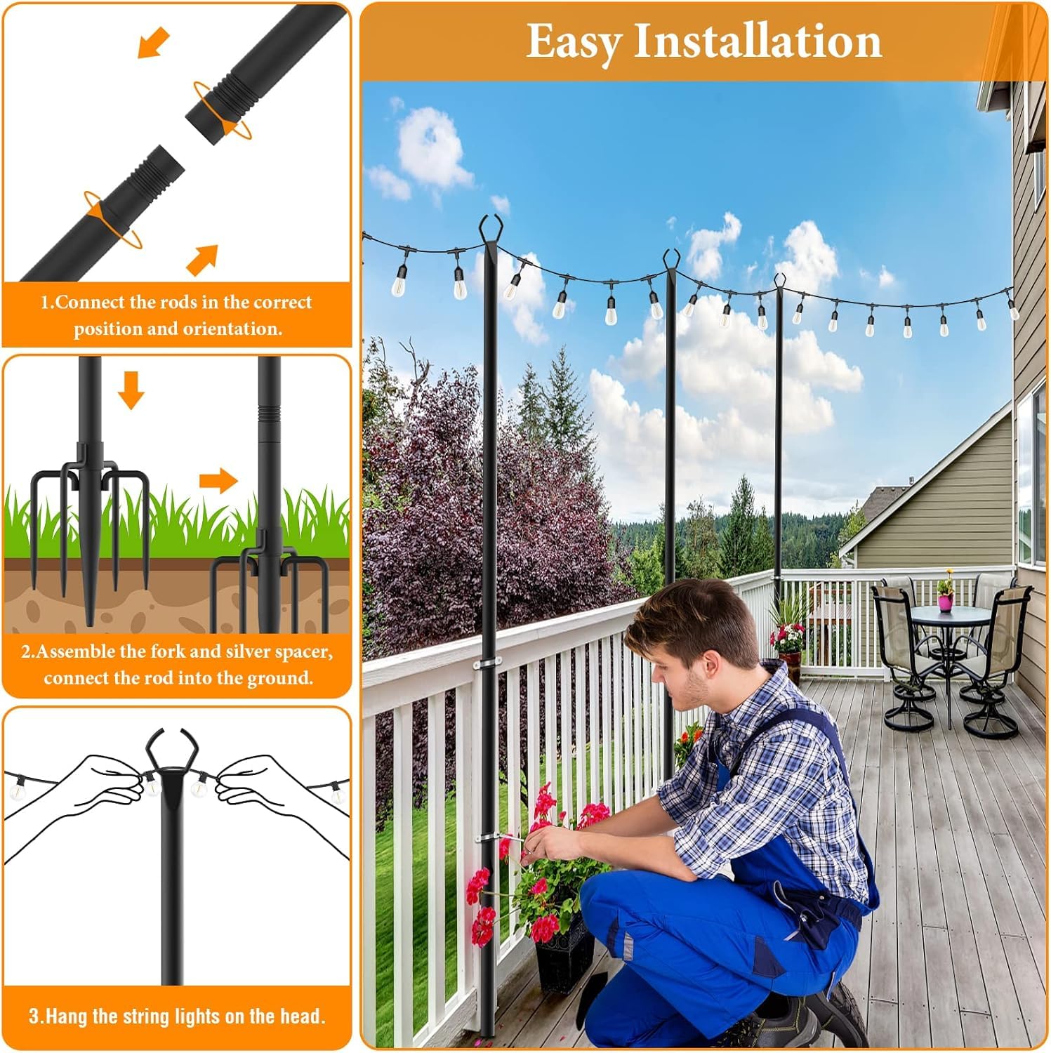 Mutovlin 10 Pack String Light Poles, 10FT Outdoor Metal Lights Stand, Black