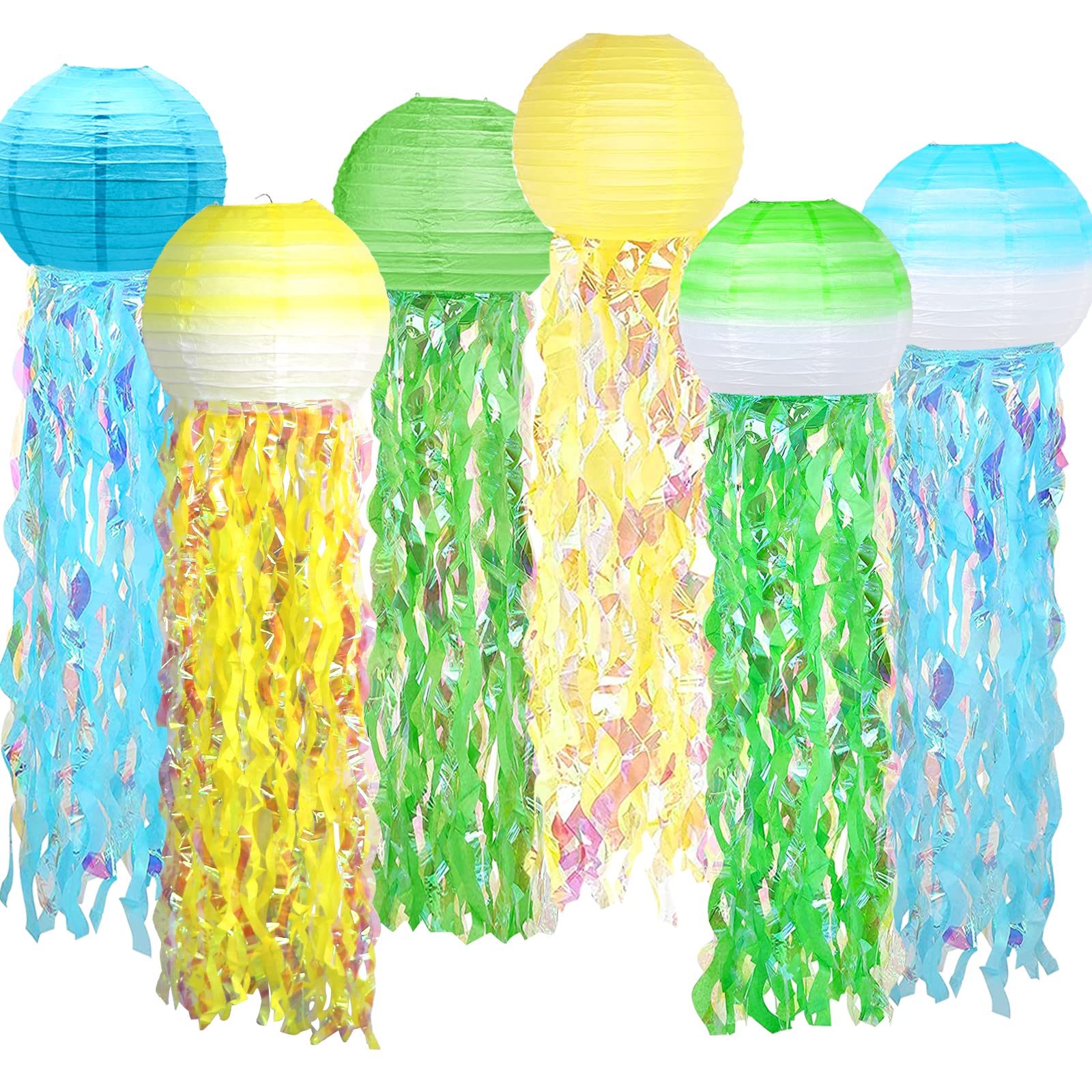 6 Packs Jellyfish Paper Lanterns Hanging Mermaid Wishes Lantern Gradient Yellow Blue Green Ocean Theme Party Supplies Great For 