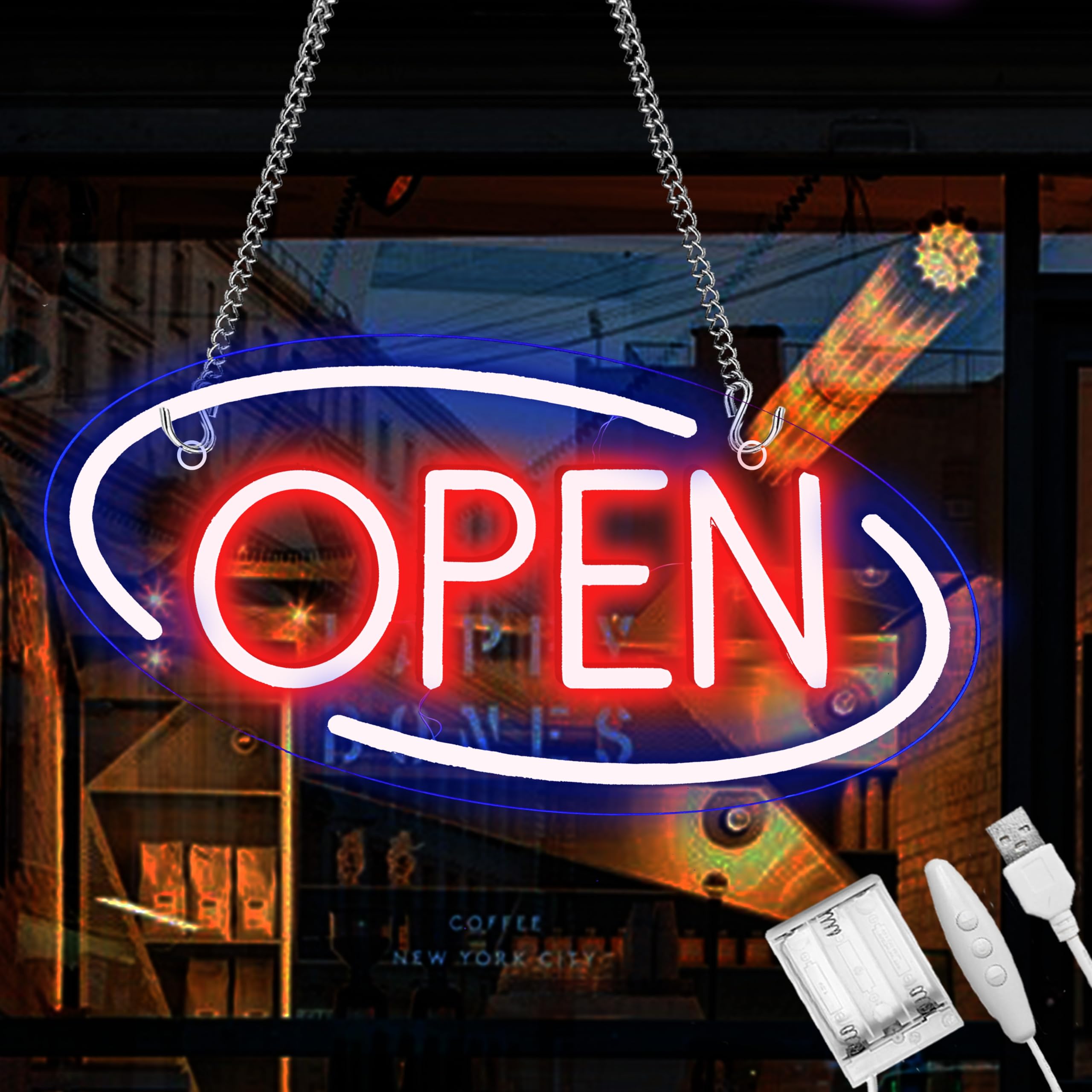 Shellvcase Open Neon Sign, Battery Operated, USB Powered, Adjustable Brightness, 16.5 x 8.4 in, Open-Red