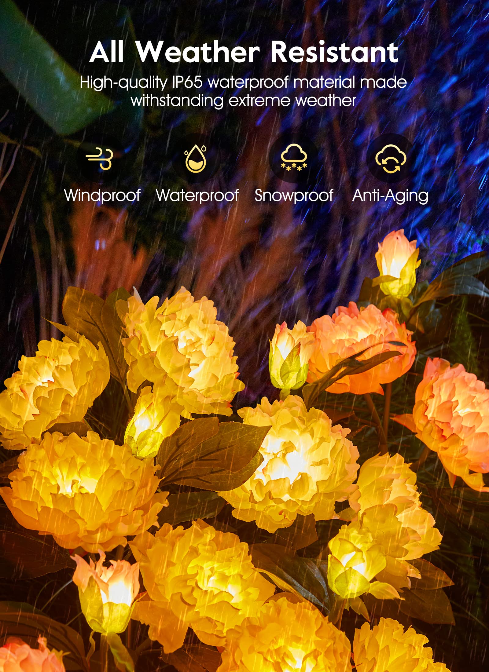Brightown Solar Garden Lights - 3 Pack Waterproof LED Peony Design, Larger Solar Panel, Outdoor Pathway Decoration