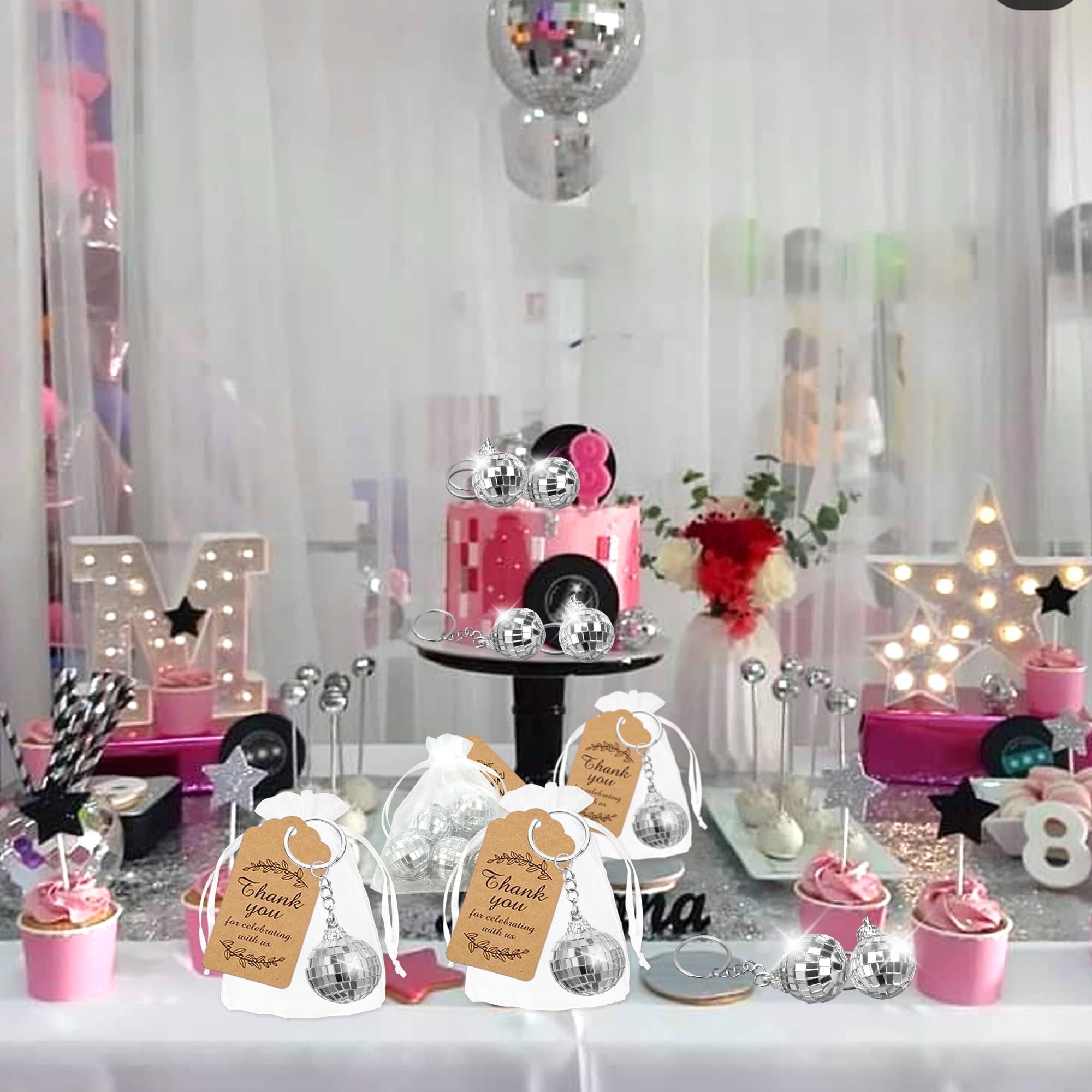 Banballon Mirror Disco Ball Keychain With Organza Bags Thank You Tags Disco Party Favors For 70S 80S Disco Theme Party Birthday Party Classroom Rewards Mini Disco Ball Decorations Supplies (Silver)