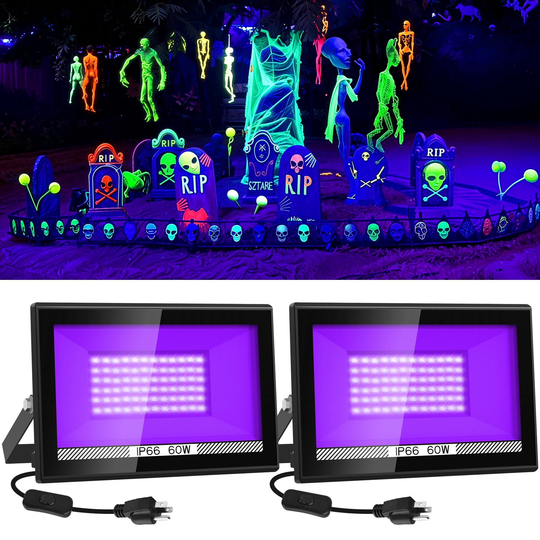 CREPOW 60W Black Lights, 2 Pack LED Blacklight Flood Light with Plug, IP66 Waterproof Black Lights for Glow Party, Stage Lightin