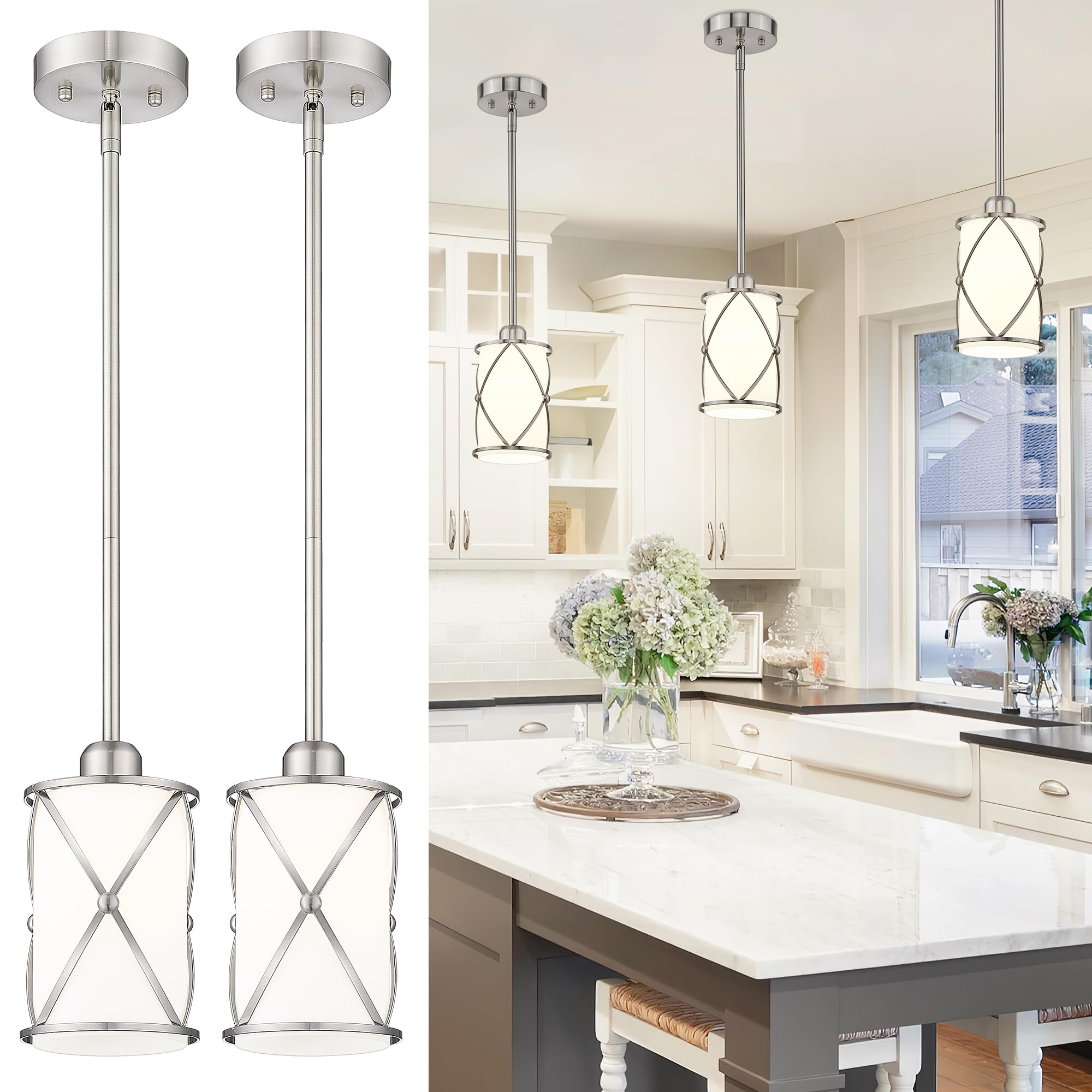 Osimir Brushed Nickel Pendant Lights, Cylindrical 2Pk Frosted Glass For Kitchen & Dining