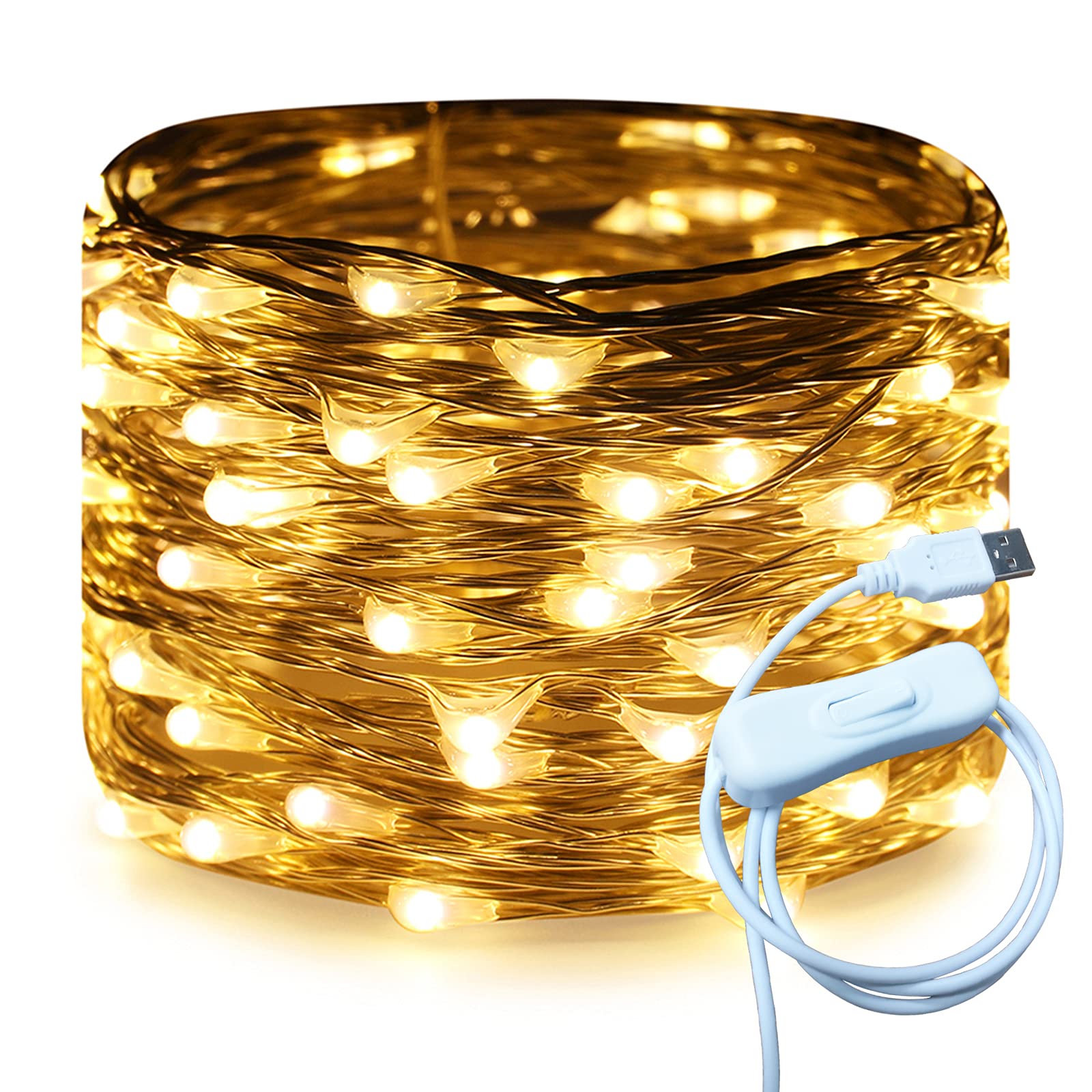 RUICHEN USB Fairy String Lights, 100 LED, 33 Ft, Warm White, Copper Material, Model UY-10M100L, On/Off Switch