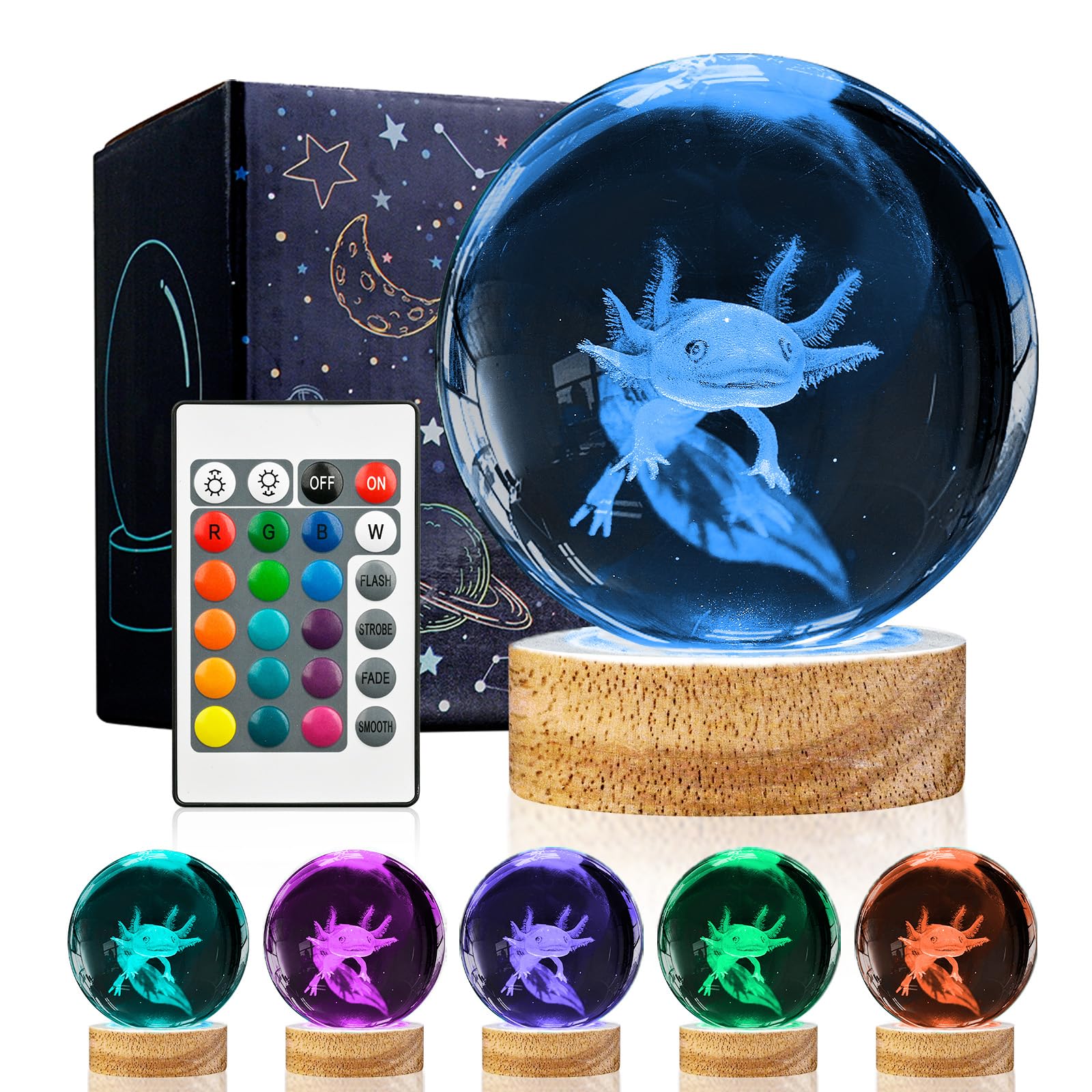 3D Axolotl Crystal Ball Night Light With Remote, Upgraded 3.15 Inch Axolotl Glass Ball Lamps With 16 Color Led Wooden Base For Birthday Holiday Xmas, Cool Axolotl Toy Decor Gifts For Boys Girls Kids