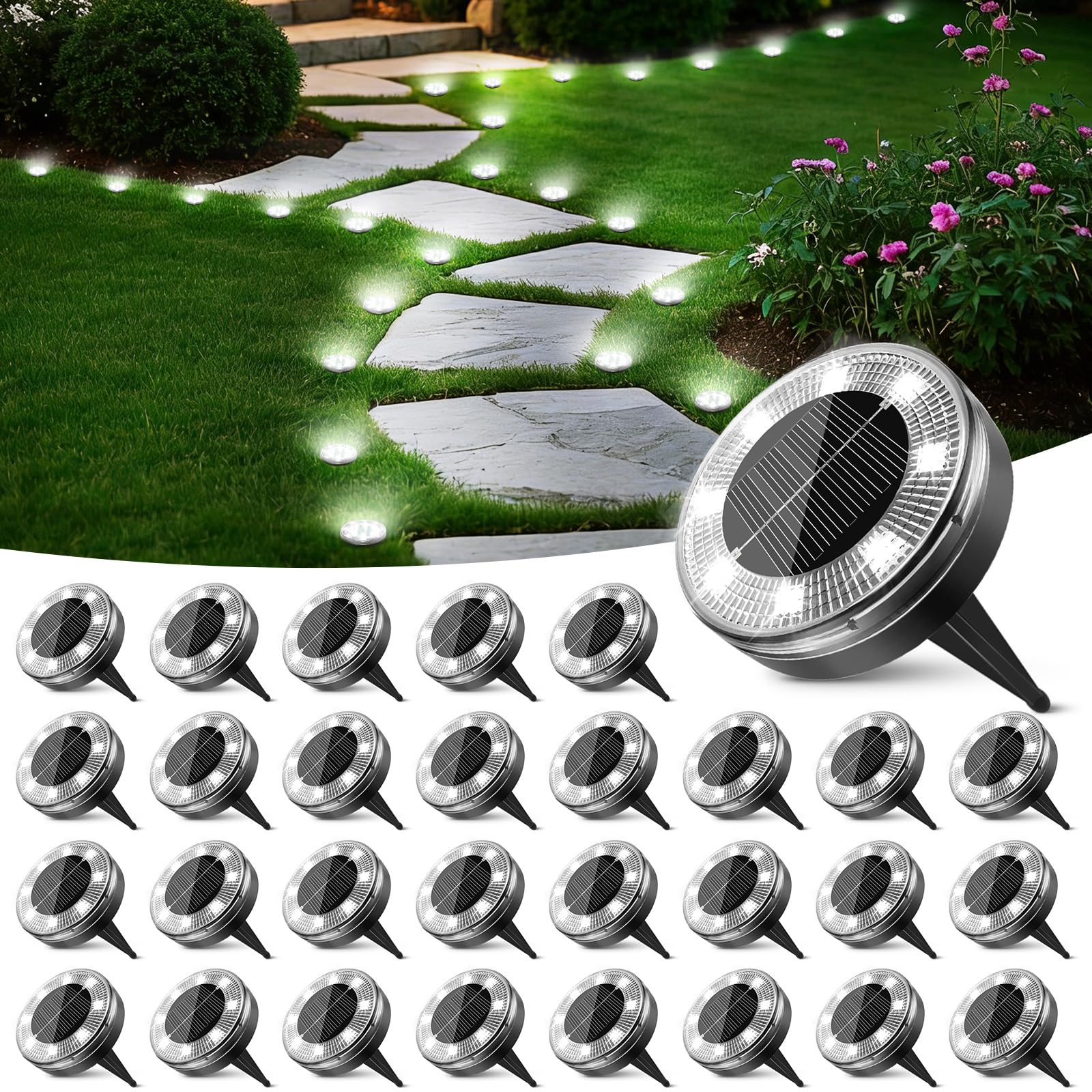 Peasur Mini Solar Ground Lights  30 Pack Flat Solar Disc Lights Outdoor Waterproof  2.3 Inch Small Solar Garden Lights Landscape Lighting for Outside Pathway Garden Yard Lawn Walkway Cool White
