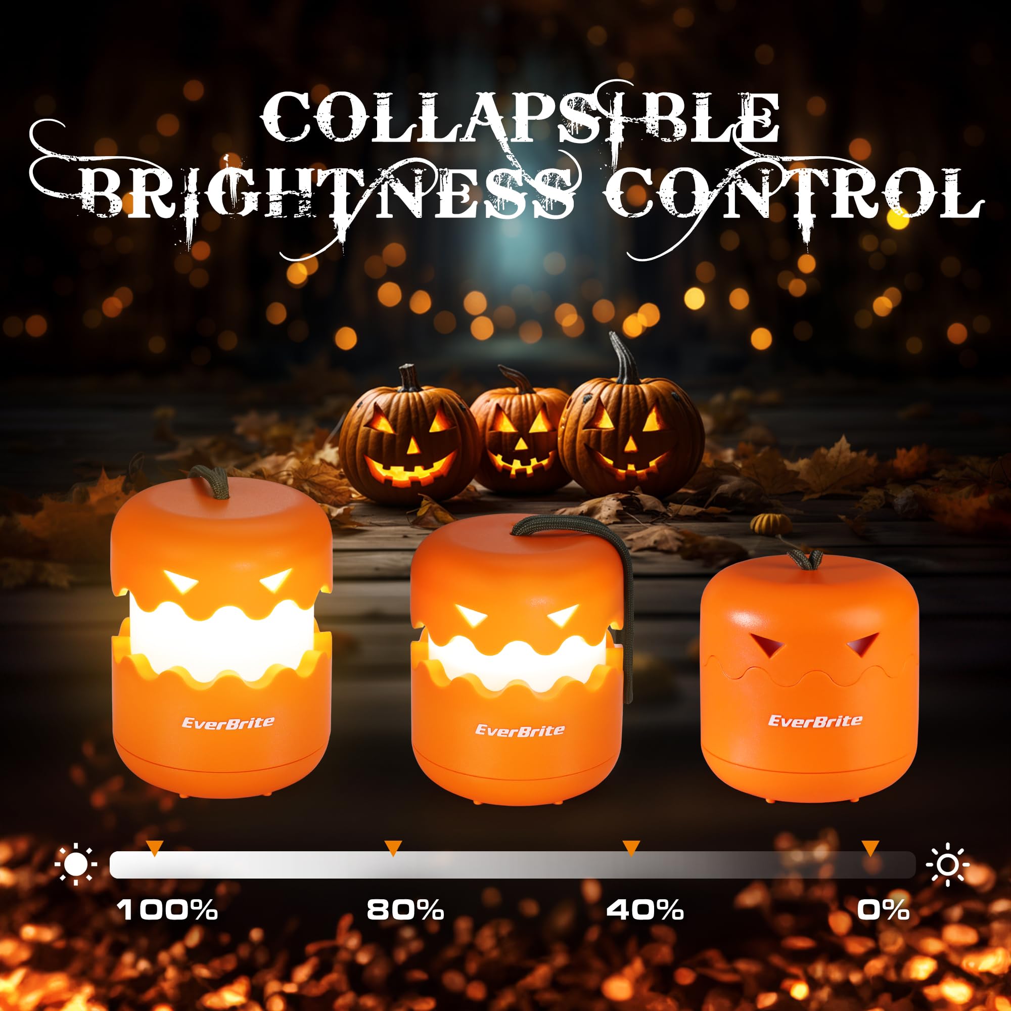 EverBrite 3-Pack Collapsible Halloween Pumpkin Lanterns, Orange ABS Light-Up Jack O' Lanterns for Kids, Model E041044A