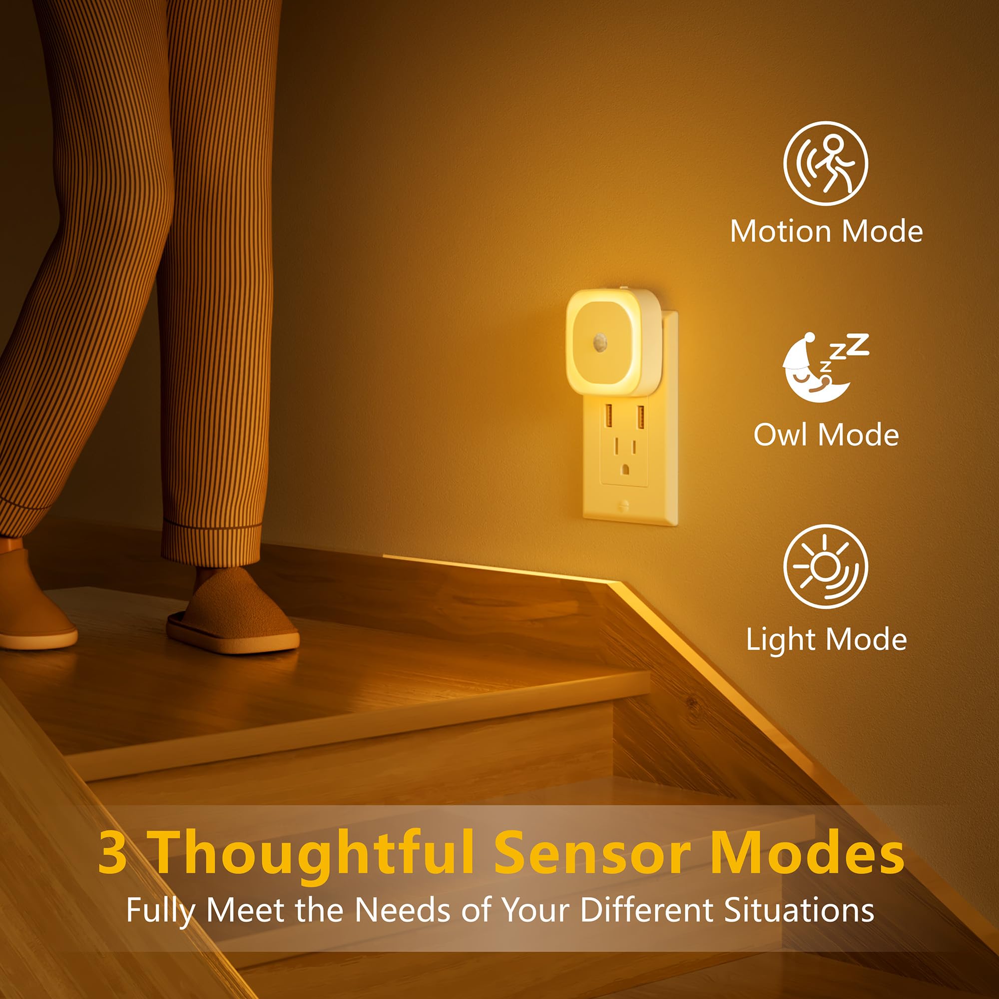 YUNLEX Plug-in Night Light with Motion Sensor, Dusk to Dawn, Dimmable, Amber, Model NLS21
