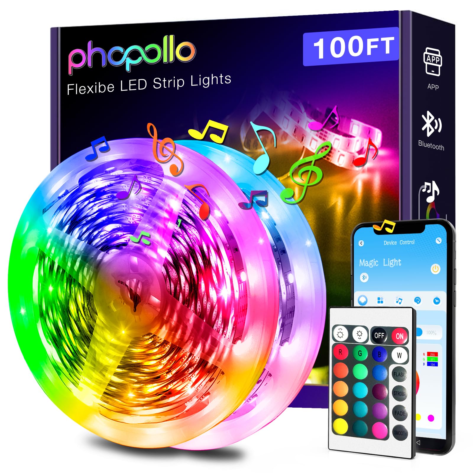 phopollo Bluetooth LED Strip Lights 100ft, RGB Color Changing, App Control, Music Sync, Model PHRGB12D30M