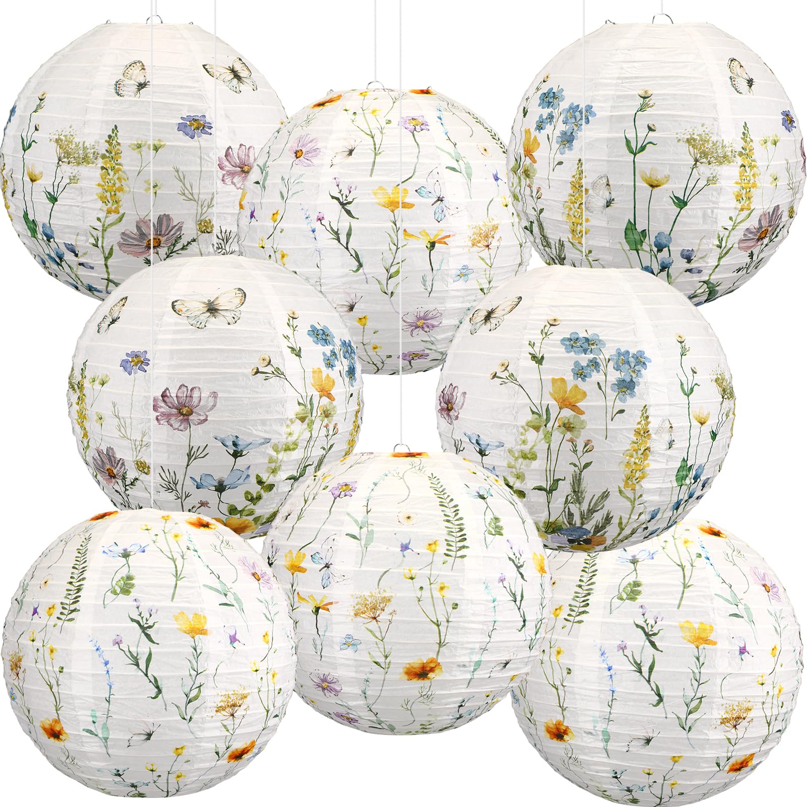 Baquler 8 Pcs Wildflower Paper Lanterns Party Decorations Watercolor Floral Hanging Lanterns 12 Inch 2 Styles for Spring Summer 