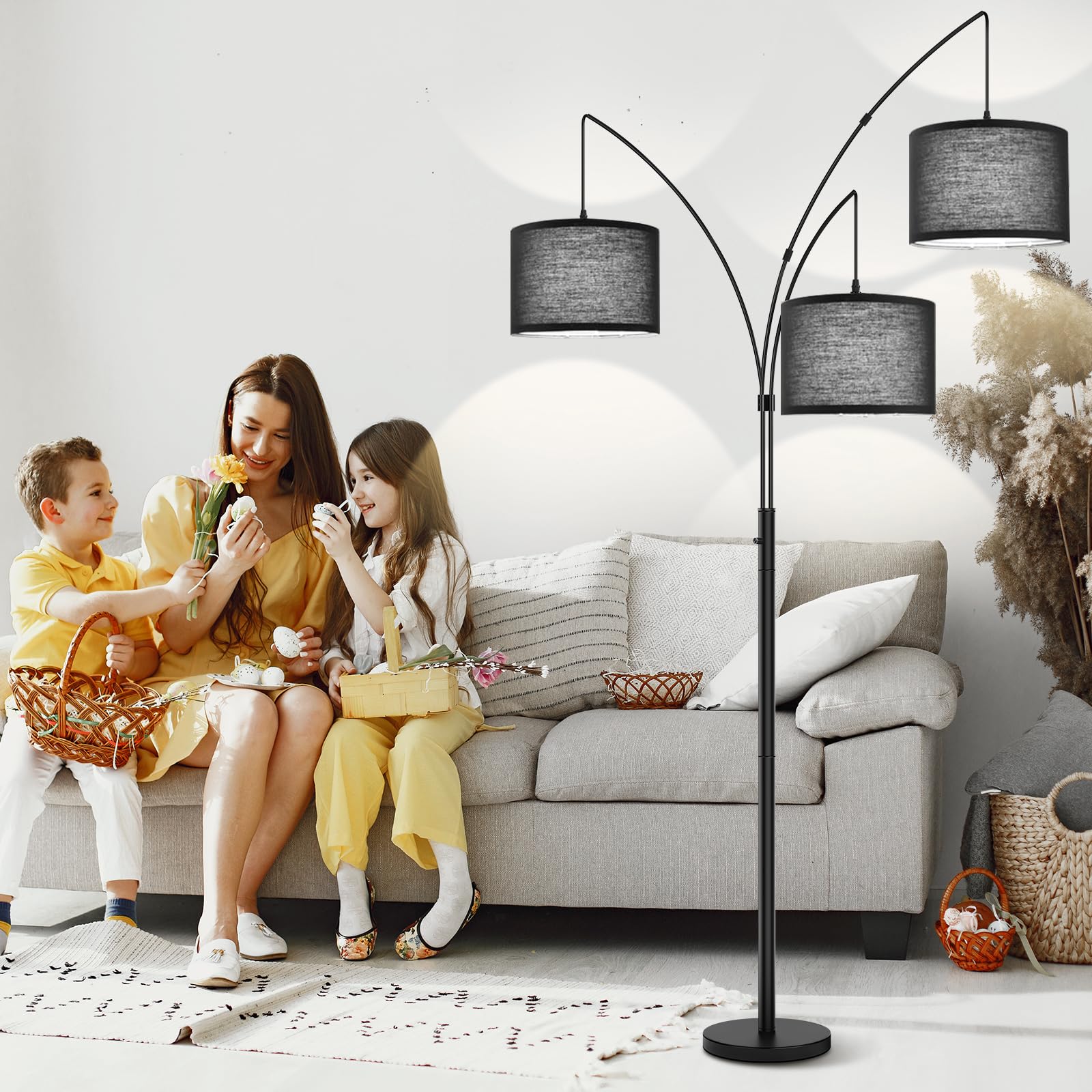 3 Lights Arc Floor Lamps For Living Room,Modern Tall Standing Lamp Hanging Over The Couch With Shades & Heavy Base,Mid Century B