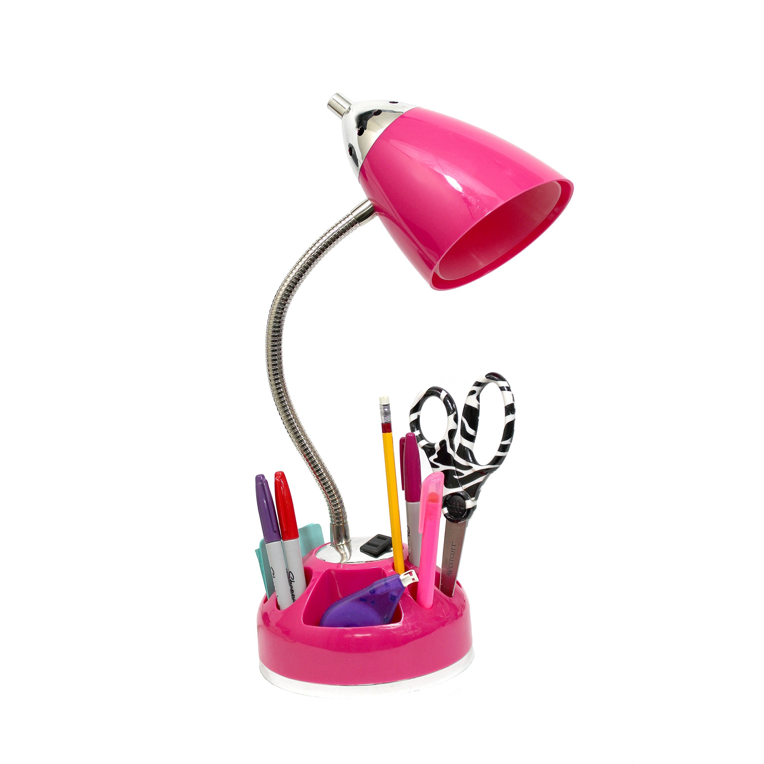 Simple Designs Ld1015-Pnk Flossy Organizer Desk Lamp With Charging Outlet And Lazy Susan Base, Pink