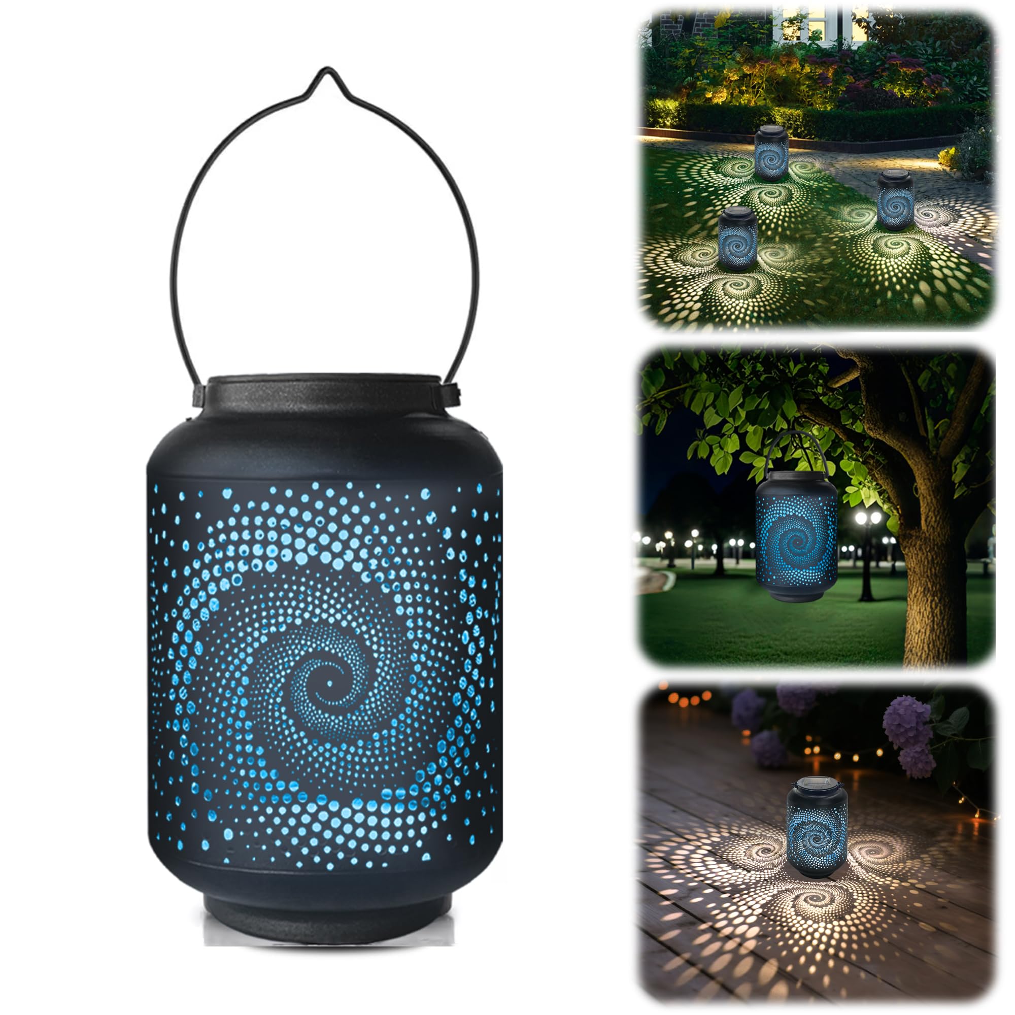Solar Lanterns Waterproof Outdoor Hanging - 7.8 x 4.7 Solar Powered LED Light with Blue Spiral, Pathway Landscape Lights for Gar