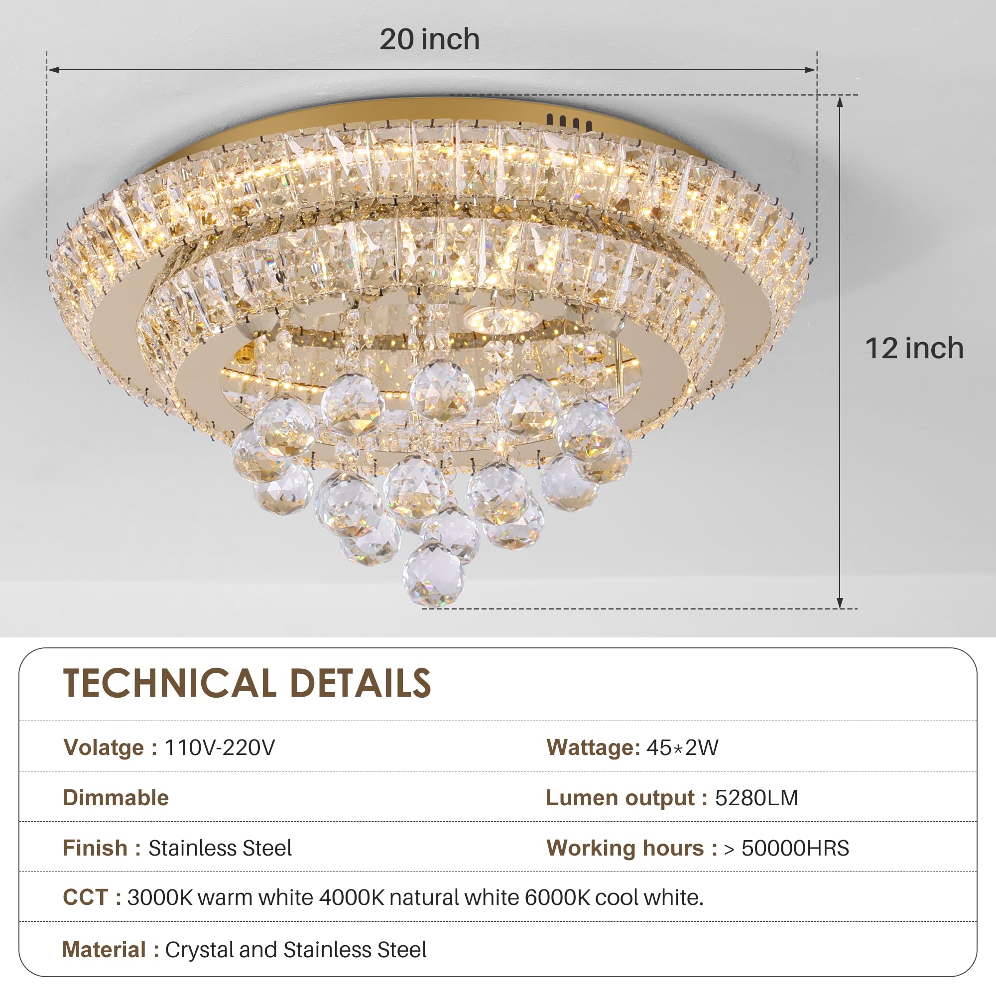 Miuyhji Large LED Crystal Raindrop Chandelier, 20" Rose Gold Semi Flush Mount, Dimmable with Remote Control for Living Room, Kitchen, Bedroom