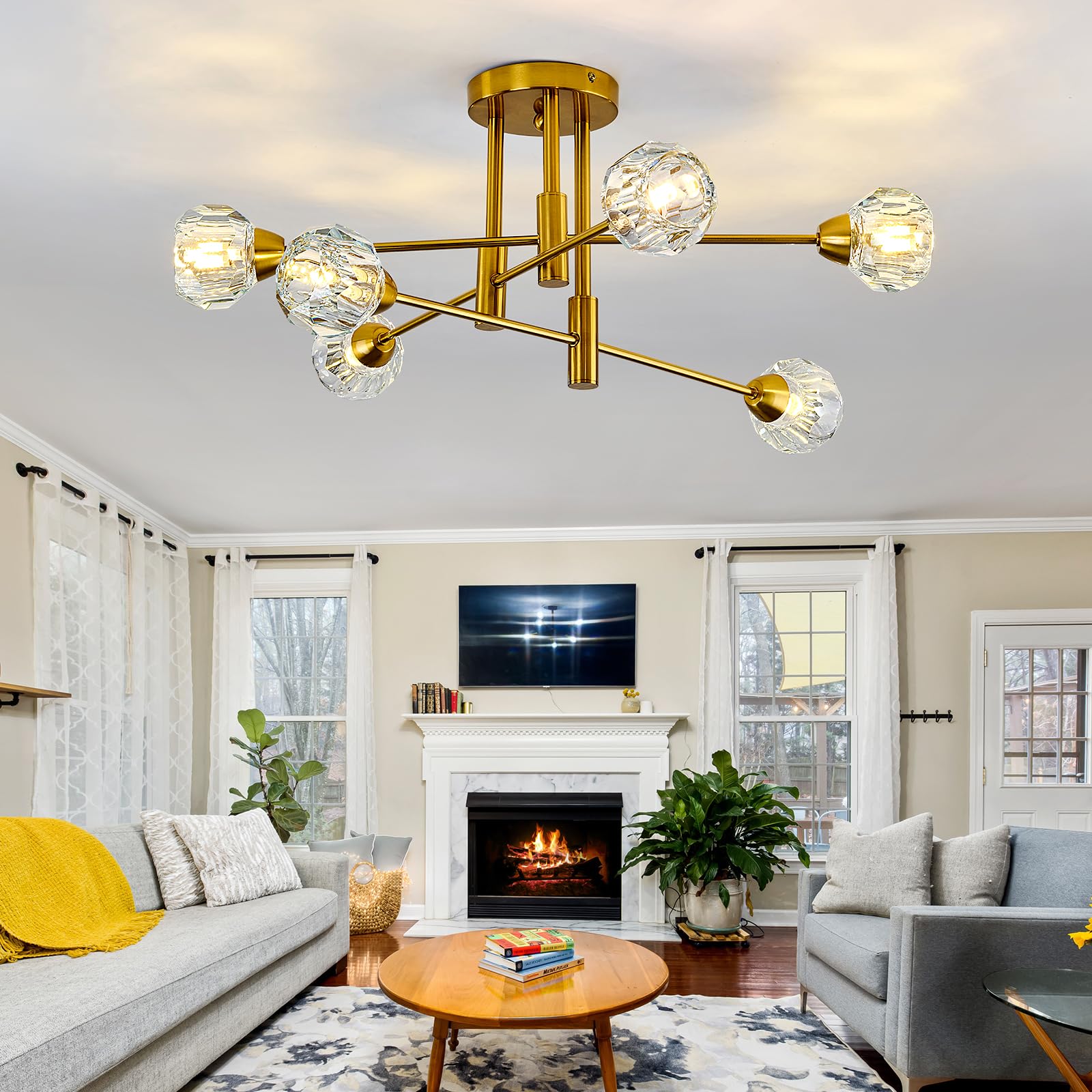 Szxykeji 6-Lights Glass Sputnik Chandelier Vintage Flush Mount Ceiling Light Fixture Gold Farmhouse Lighting For Dining Room Living Room Bedroom Kitchen Passageway.