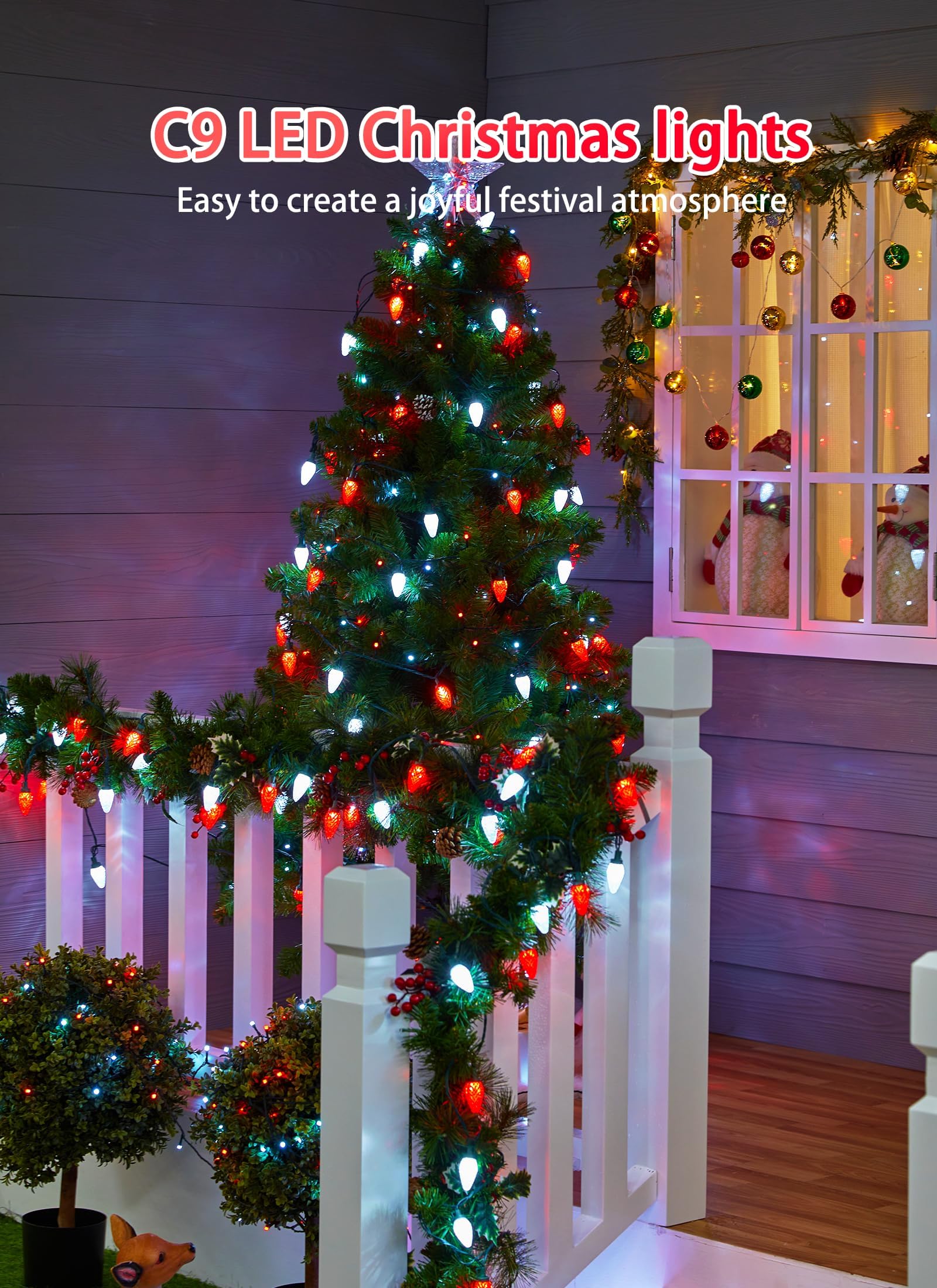 C9 Christmas Lights Outdoor Waterproof  114 Feet 150 Led C9 String Light With Timer & 8 Light Mode  Connectable Christmas Tree Lights For House Outside Roofline Indoor Decoration  Red & Pure White