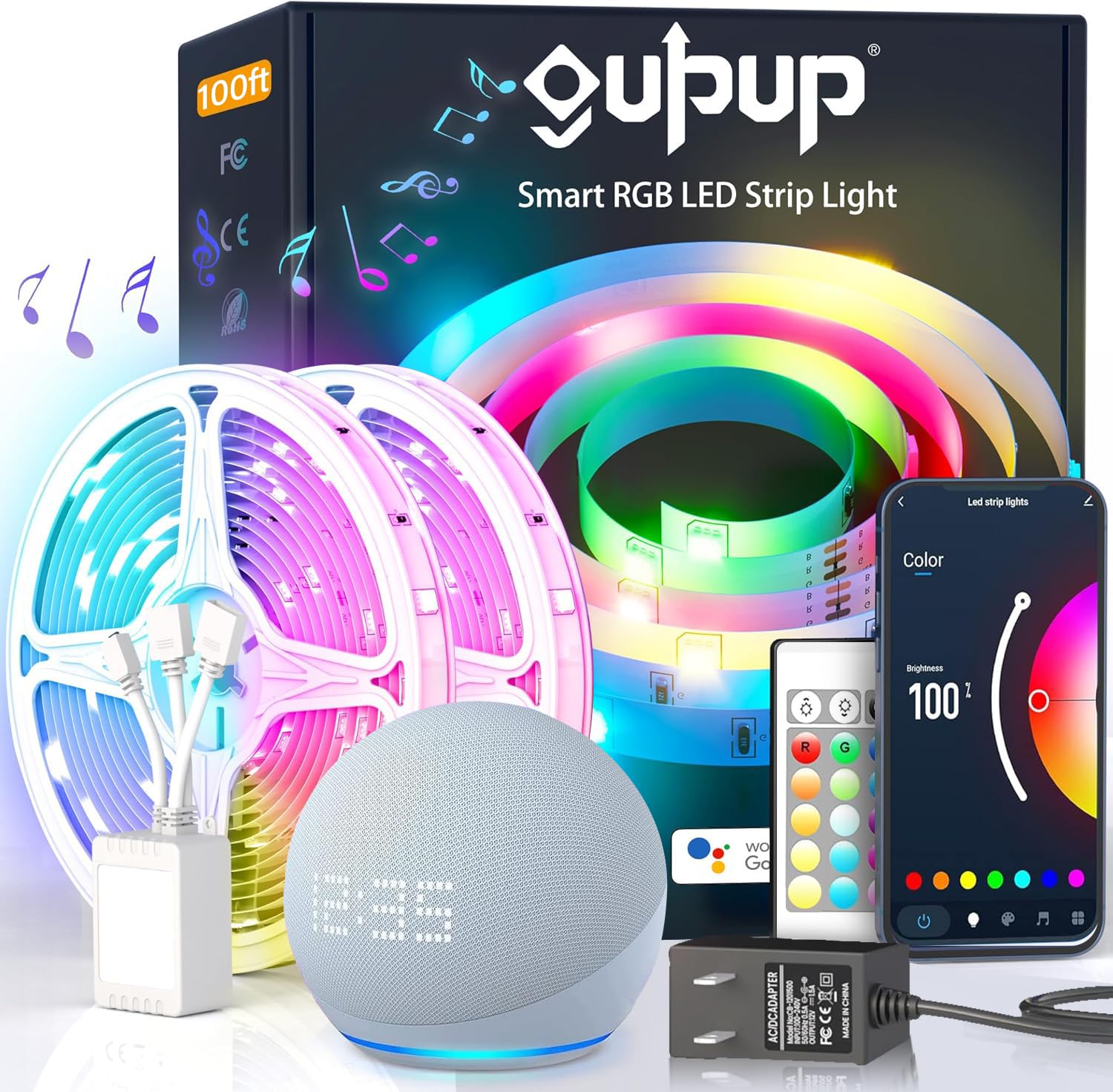 GUPUP WiFi LED Strip Lights 100 ft, Multicolor, Smart App Controlled, Works with Alexa & Google Assistant, Model WDFS021