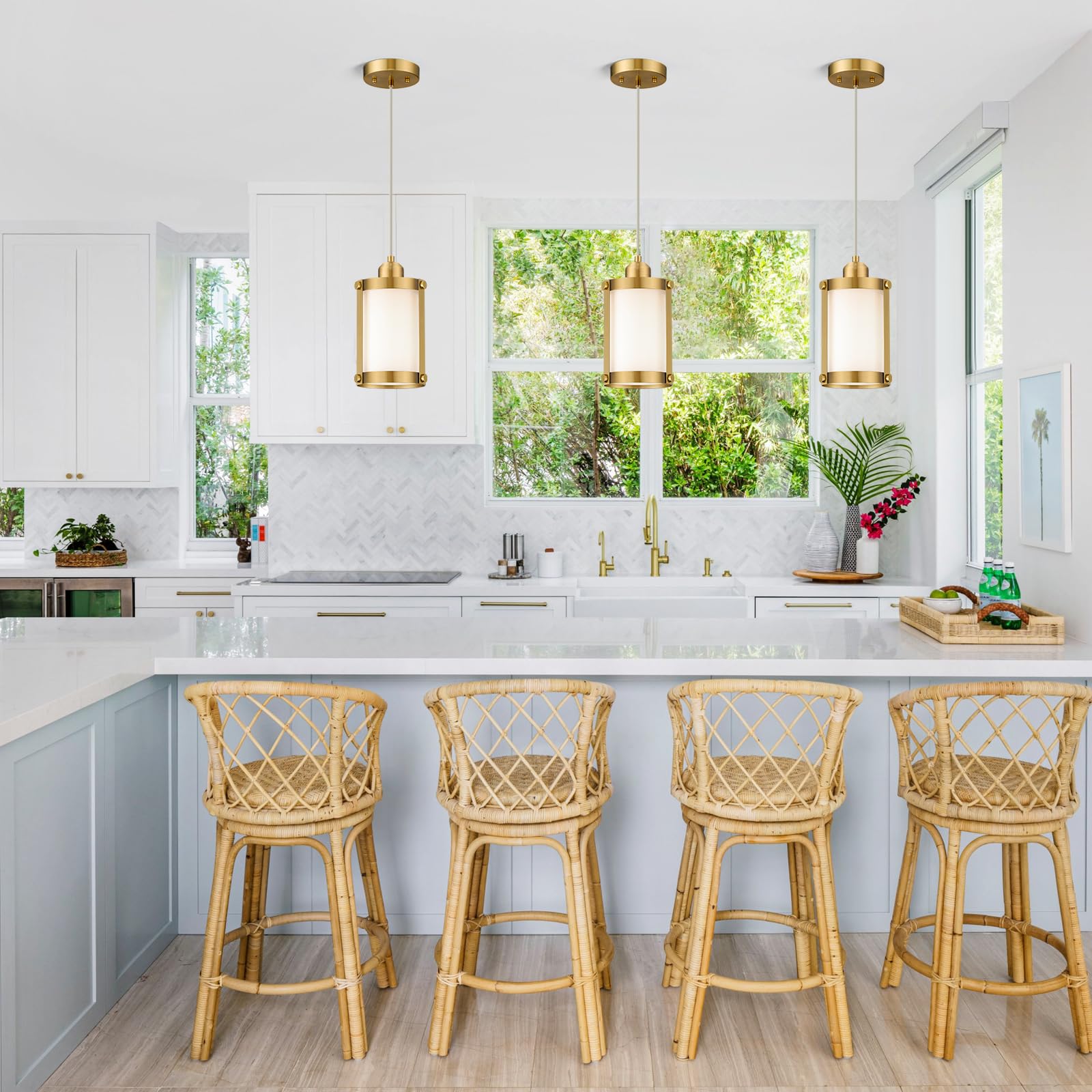 Osimir Brushed Gold Pendant Lights Kitchen Island 3 Pack, Modern Kitchen Pendant Lighting Over Island With Milk Glass, Farmhouse
