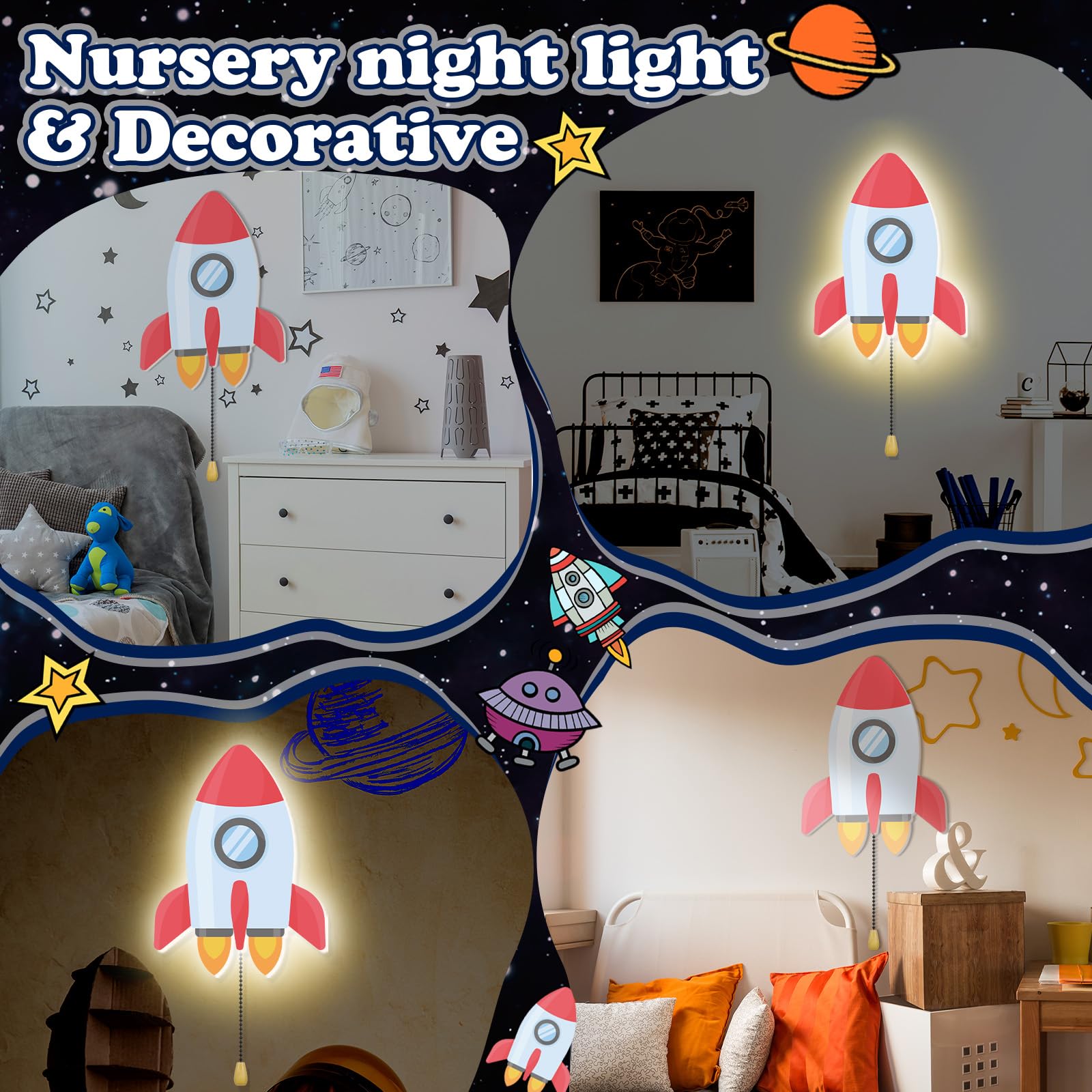Aurelema Space Rocket Night Light Wall Lamp Sleeping Nursery Lighting Cute Floating Battery Operated Hanging Lamp For Baby Boys Girls Bedroom Room Nursery Wall Decorations
