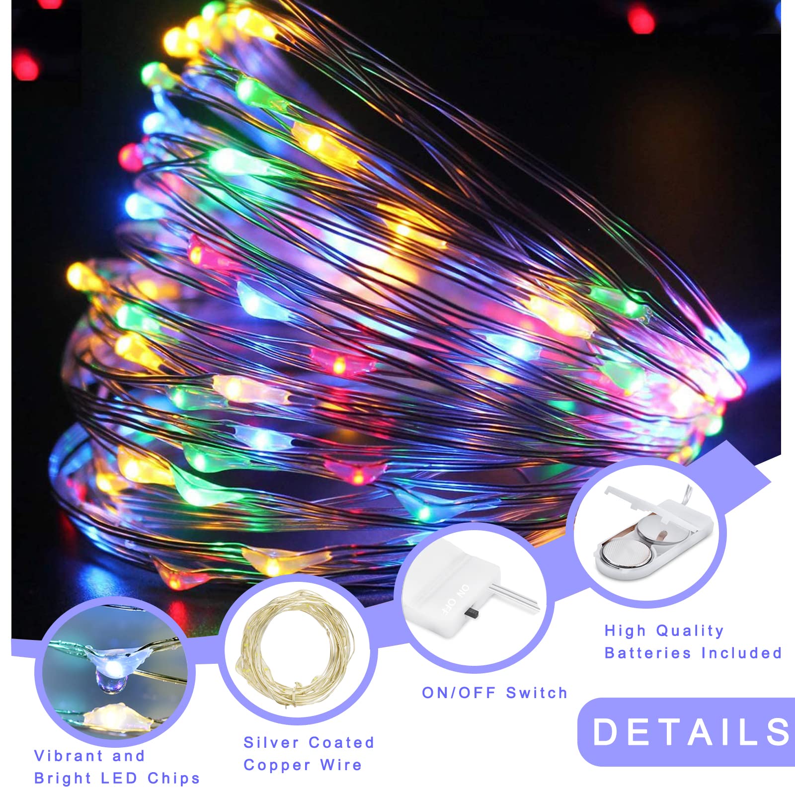 Ostwiki Fairy Lights, 20 LED Mini String Lights, 7ft, Battery Operated, 6-Pack, Colorful Copper for DIY, Bedroom, Wedding, Party Decor