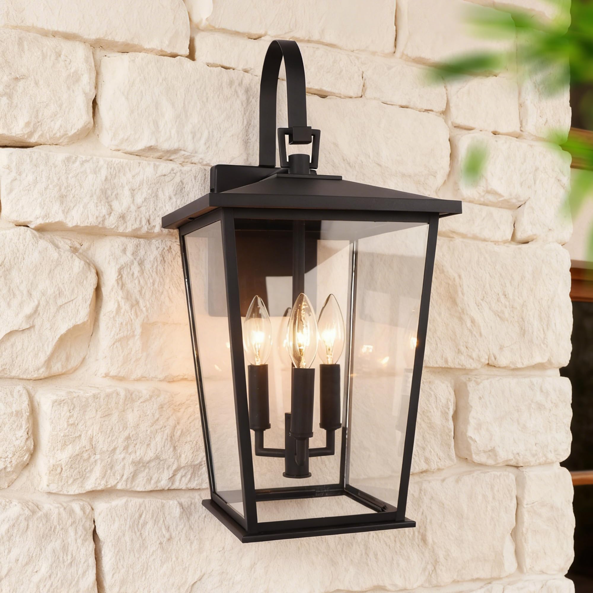 Kalium Modern Outdoor Wall Sconce Fixture 20 1/2   Matte Black  3-Light Exterior Wall Mount Lighting with Clear Glass Panels for House Porch Patio Outside Deck Garage Yard Front Door Garden Home