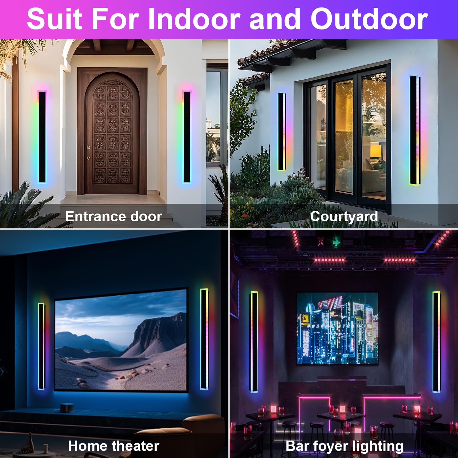 QueeuQ Outdoor LED Wall Lights, 48 inch, RGB-2 Pack, Dimmable Metal Fixture, Model 11-SZ-9970-RGBCW-24W-48in