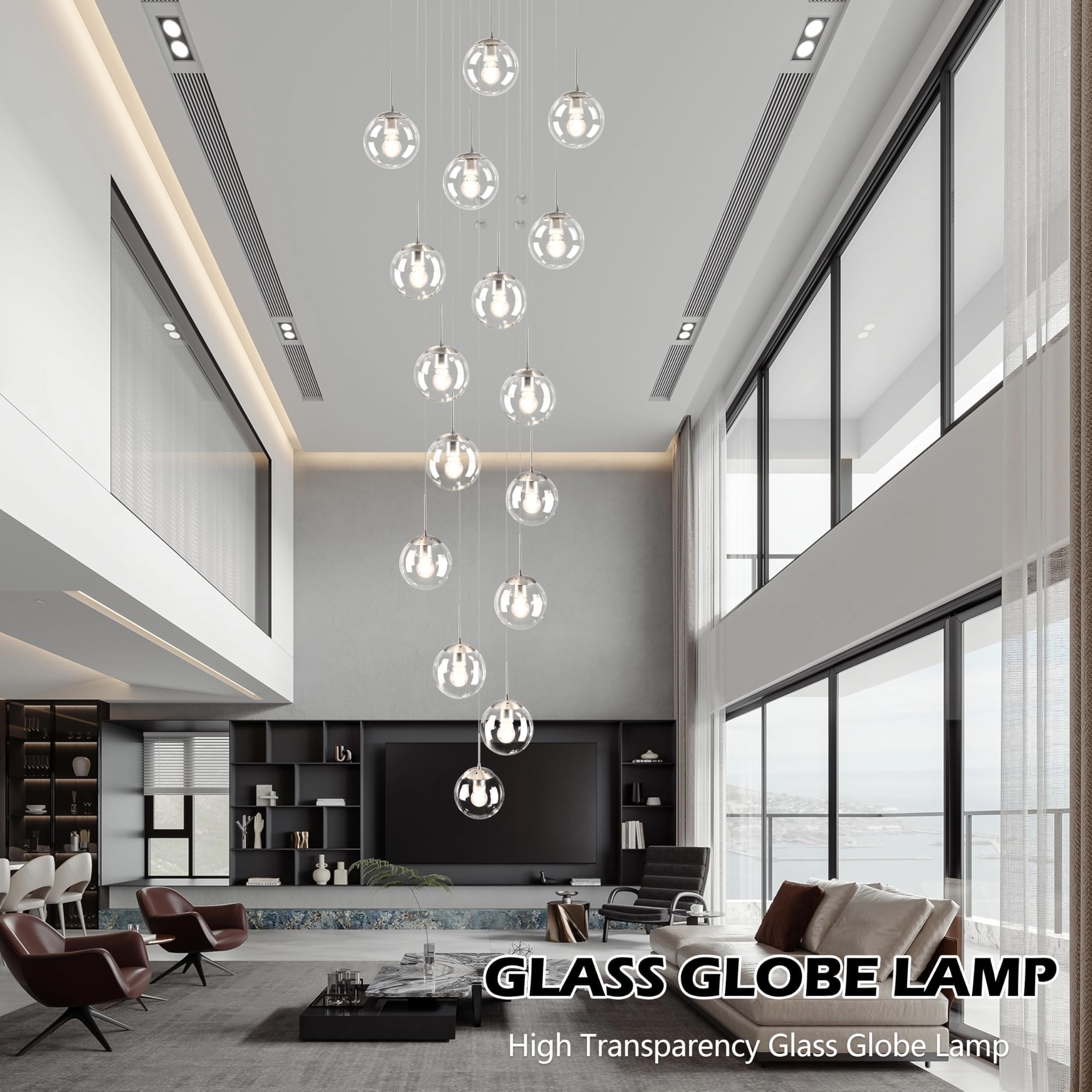 Koko&Yukina 16-Light Nickel Mid Century Modern Chandelier For Living Room Staircase Chandelier For Entryway Clear Globe Glass Ch